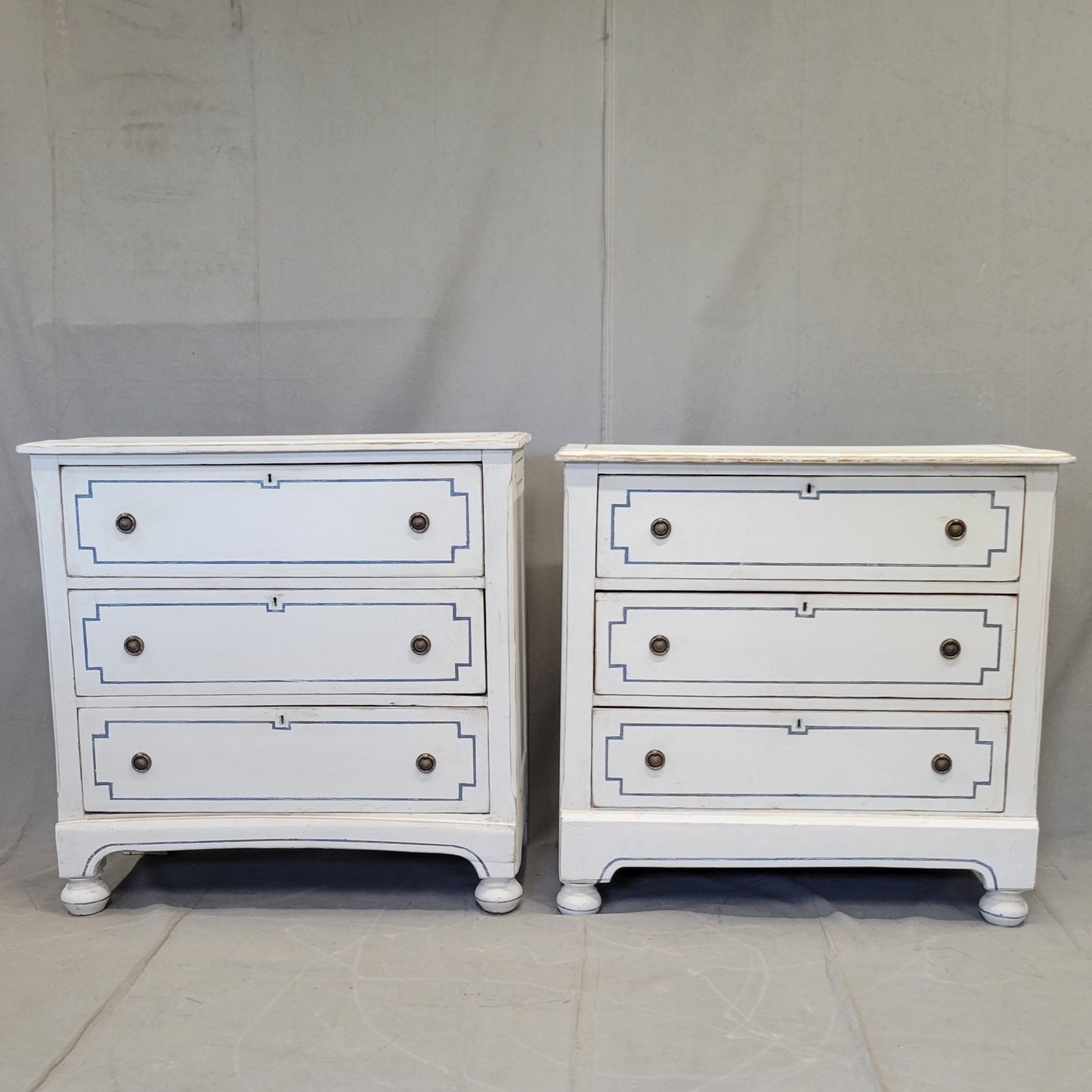 Pair of Antique 19th Century Pine Painted White Dressers With Blue French Line Motif