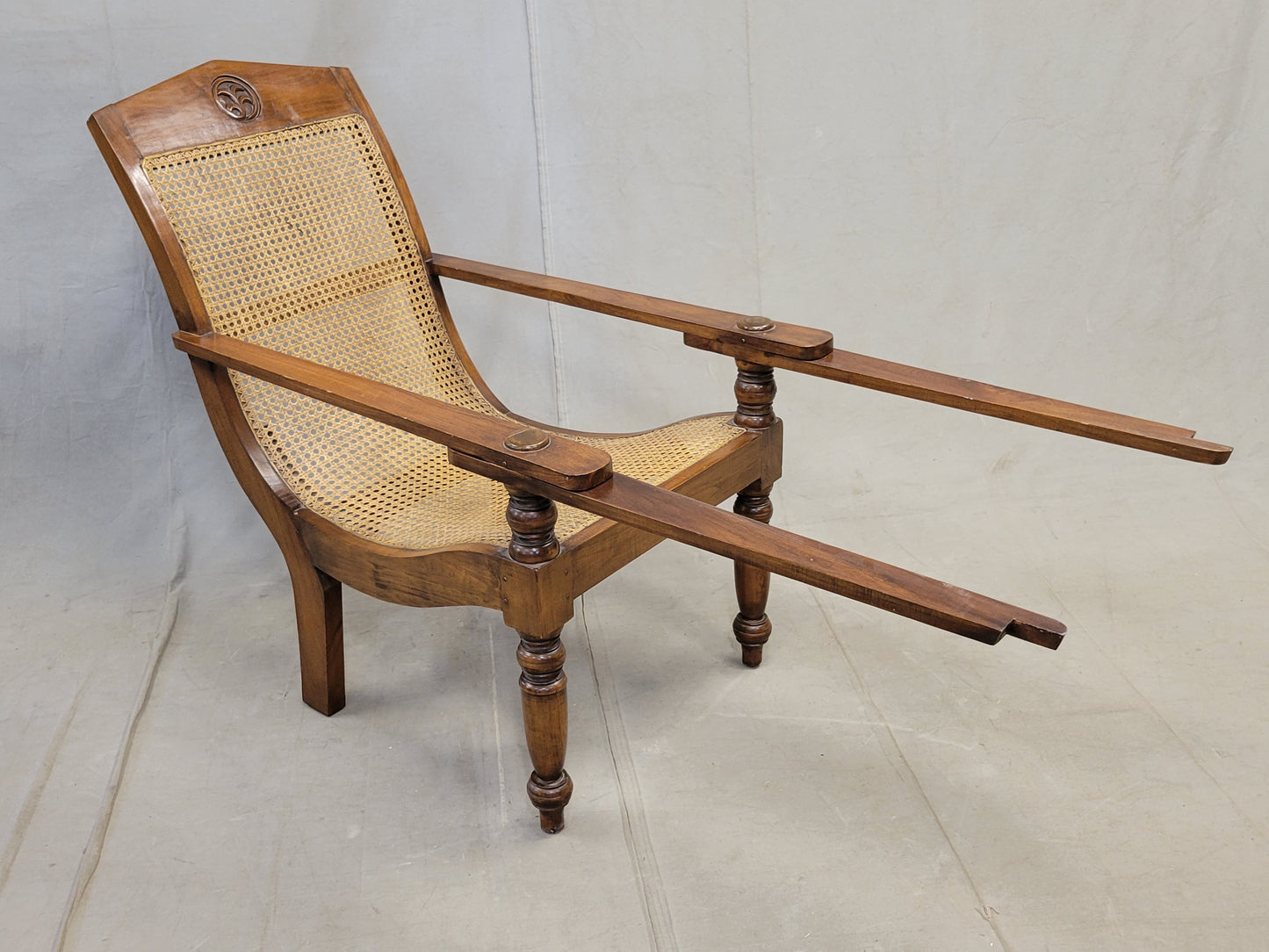Vintage Bauer International Teak Caned Plantation Chair With Extension Armrests