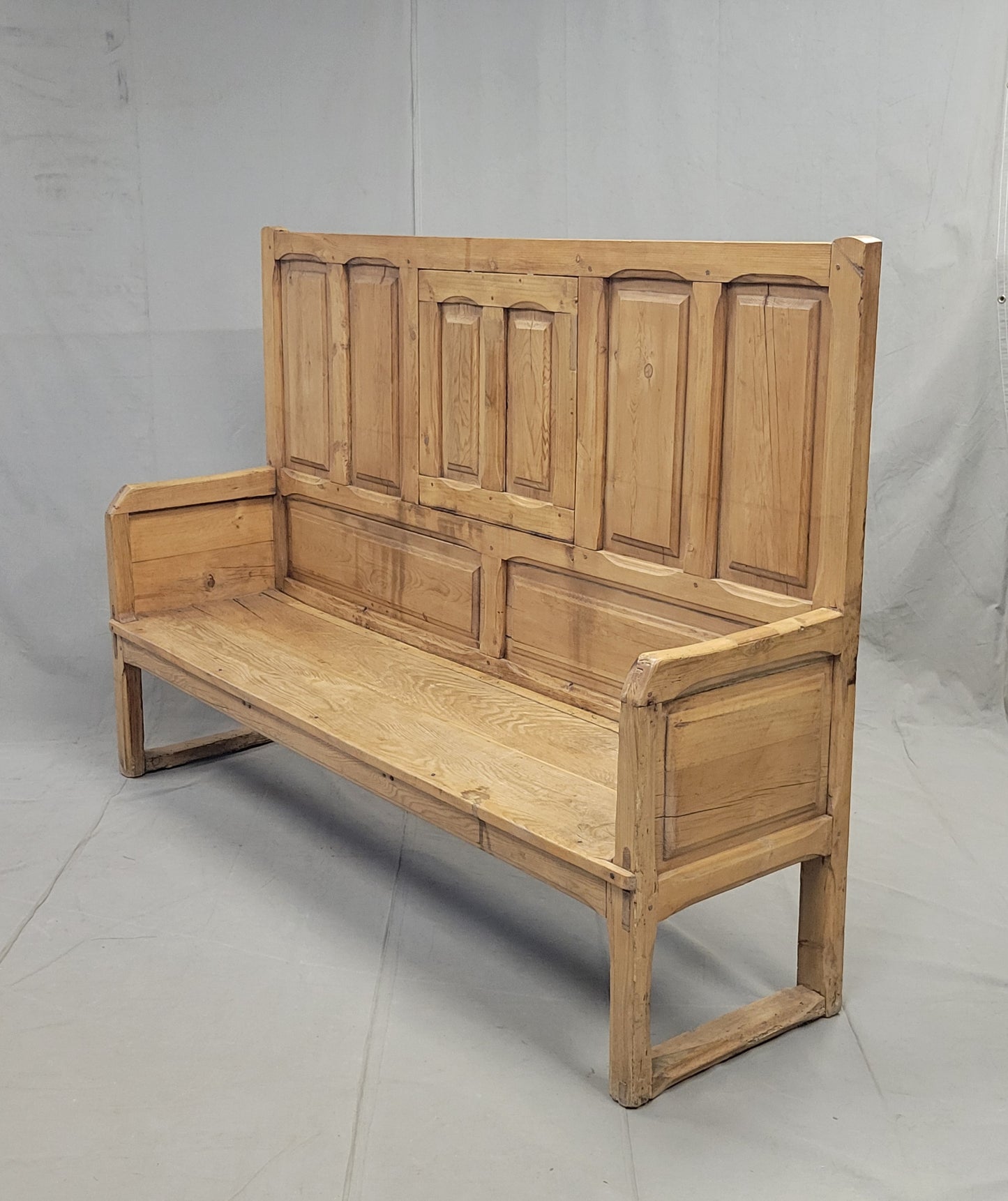 Antique Rustic Pine Long Settle Bench With Blue and White Cushion