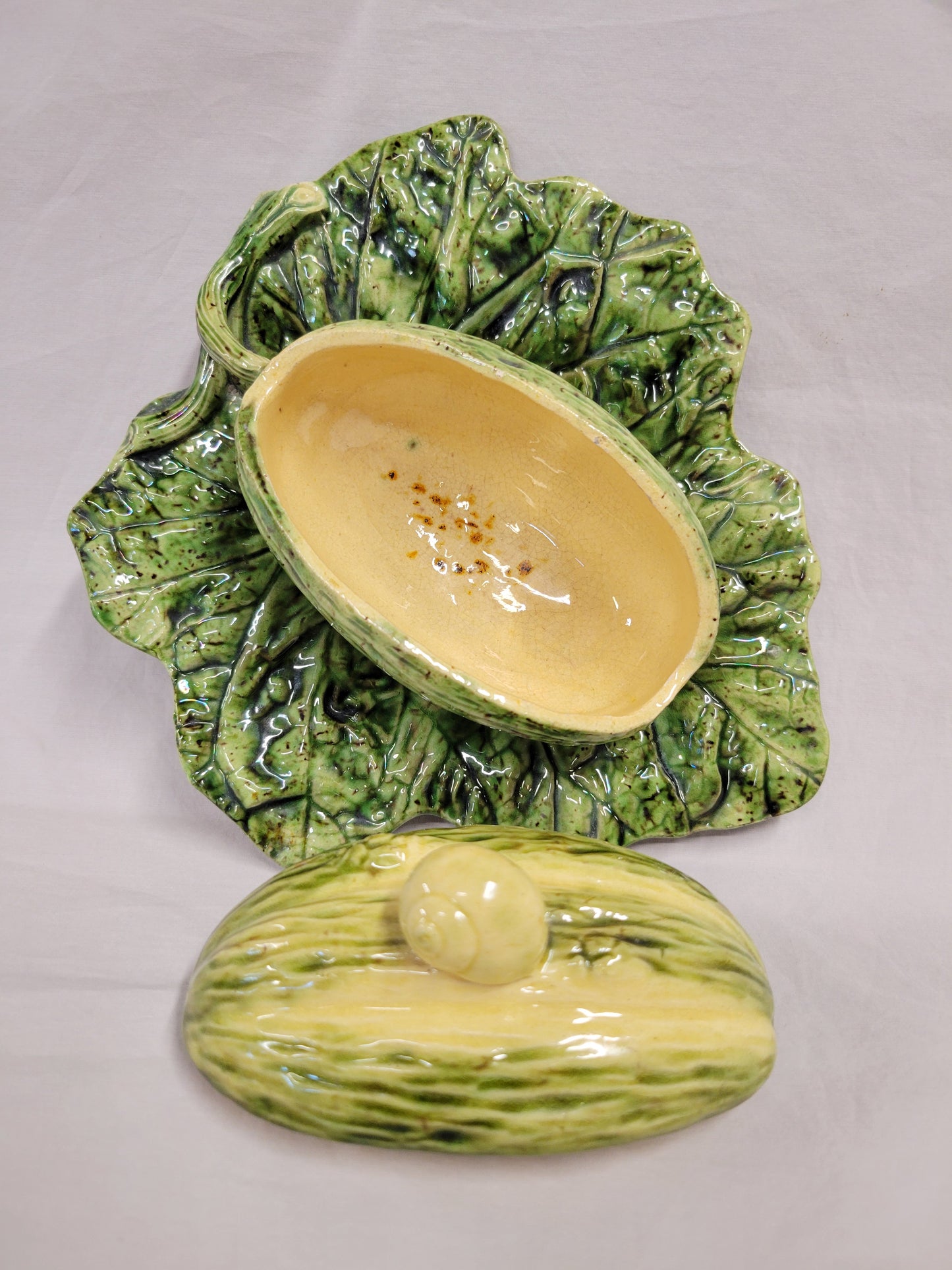 Antique Majolica Melon on Leaf Dish in the Style of Sarreguemines