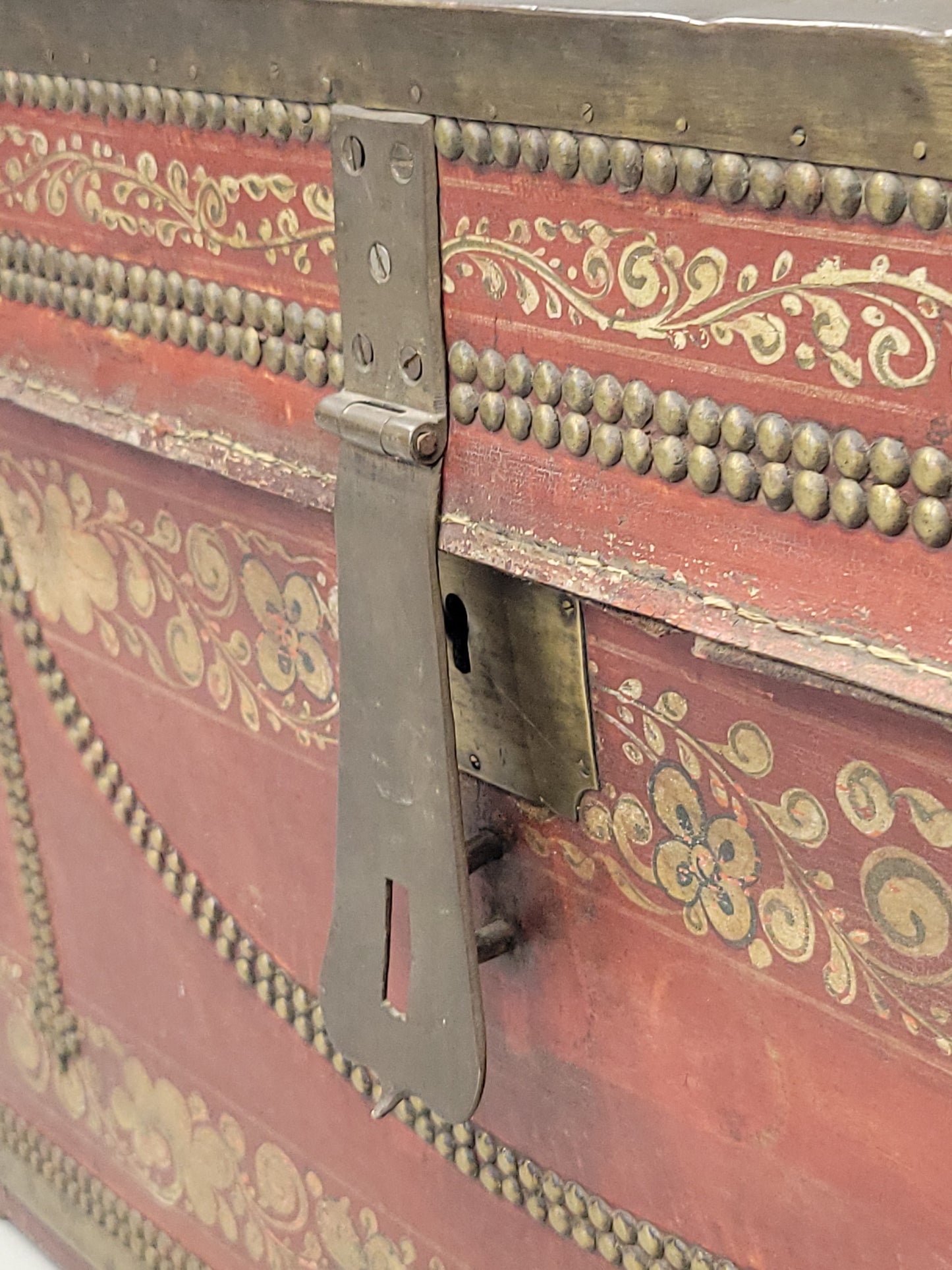 Antique Red Leather, Brass and Camphor Wood Chinese Export Trunk