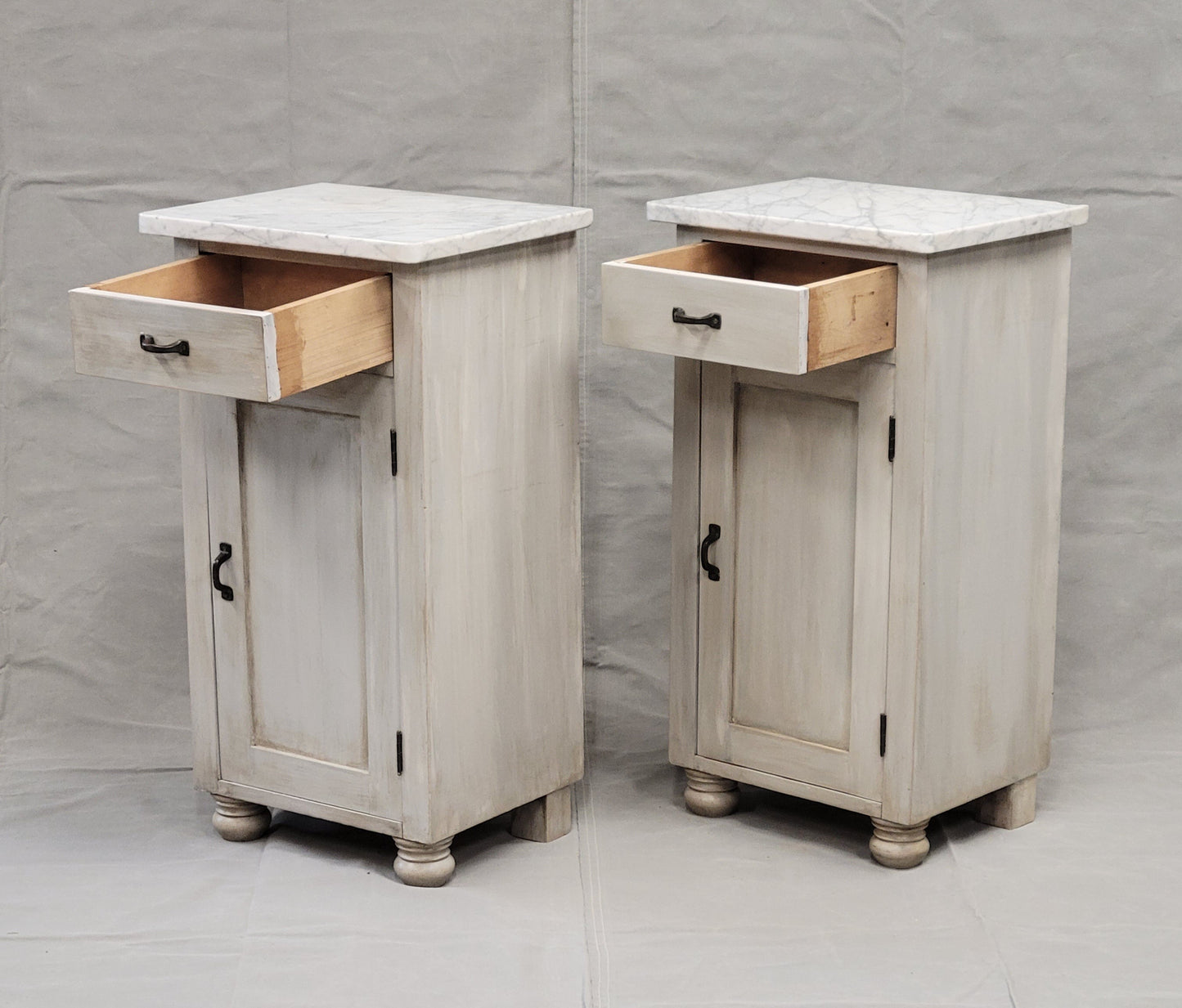 Pair of Vintage Painted Pine Nightstands With Carrera Marble Tops