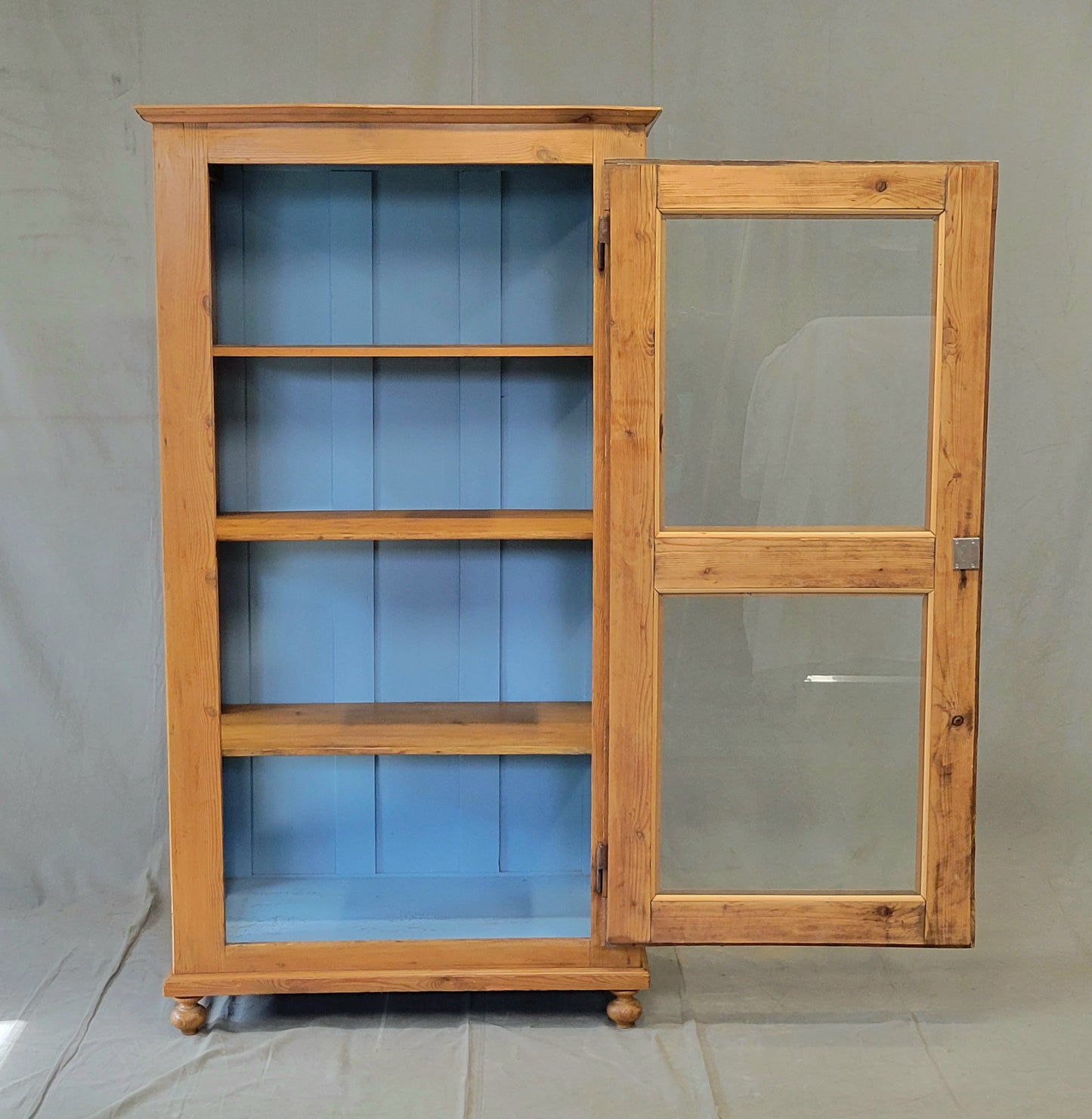 Antique German Pine Display Cabinet With Painted Blue Interior