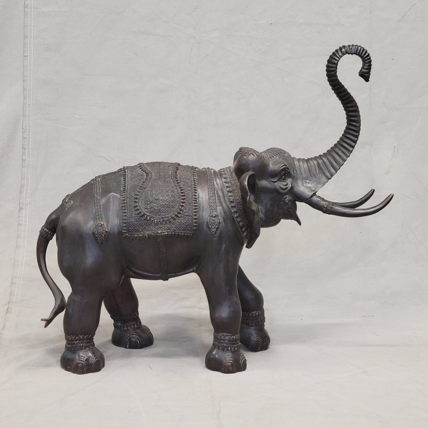 Vintage Large Patinated Brass or Bronze Asian Elephant Signed "La Puce"