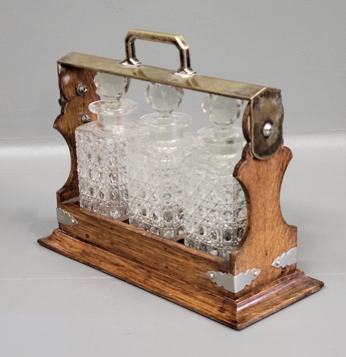 Antique Circa 1900 English Three Bottle Cut Crystal and Oak Tantalus