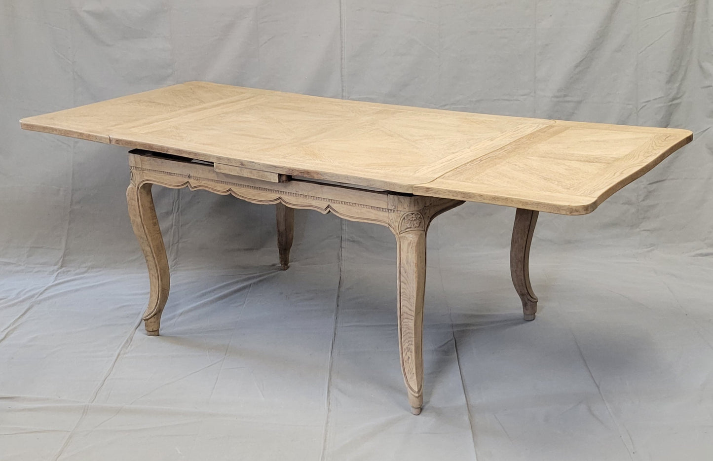 Antique 1920s French Bleached Oak Parquet Top Draw Leaf Table