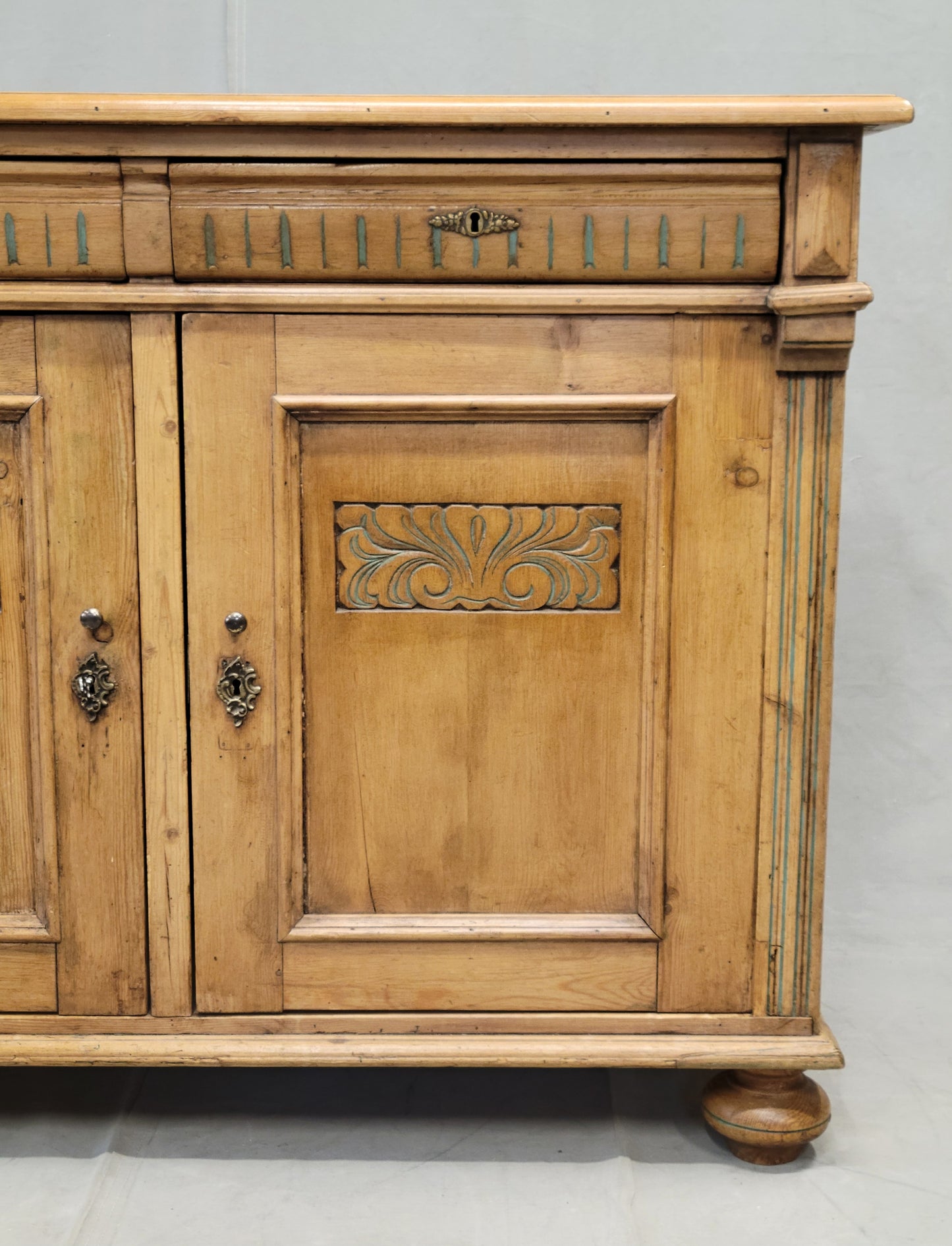 Antique Early 1900s German Pine Sideboard Buffet With Painted Carving