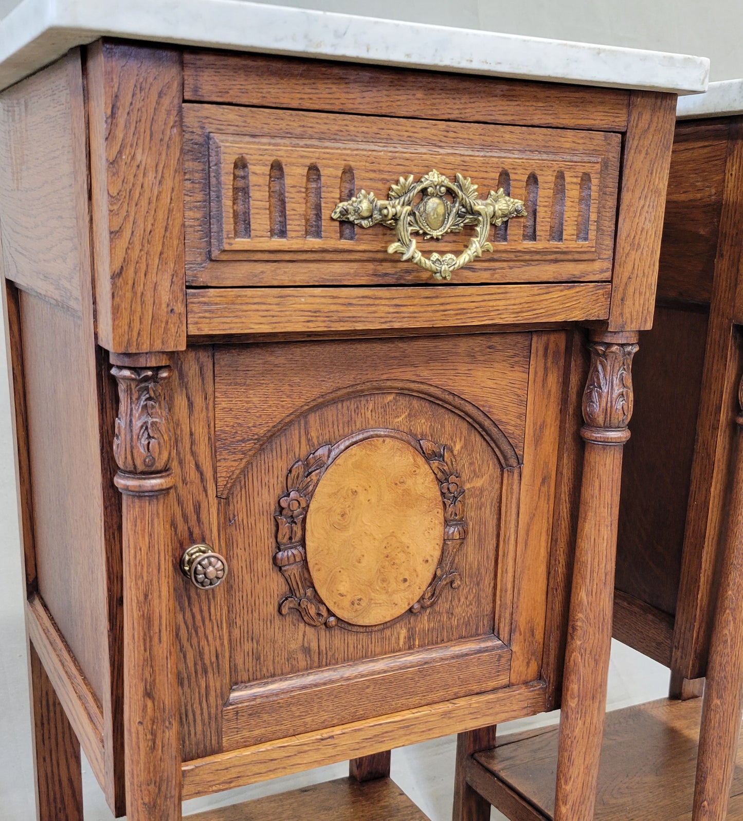 Antique Circa 1900 French Oak Pot Cupboards Nightstands With Carrera Marble Tops- a Pair
