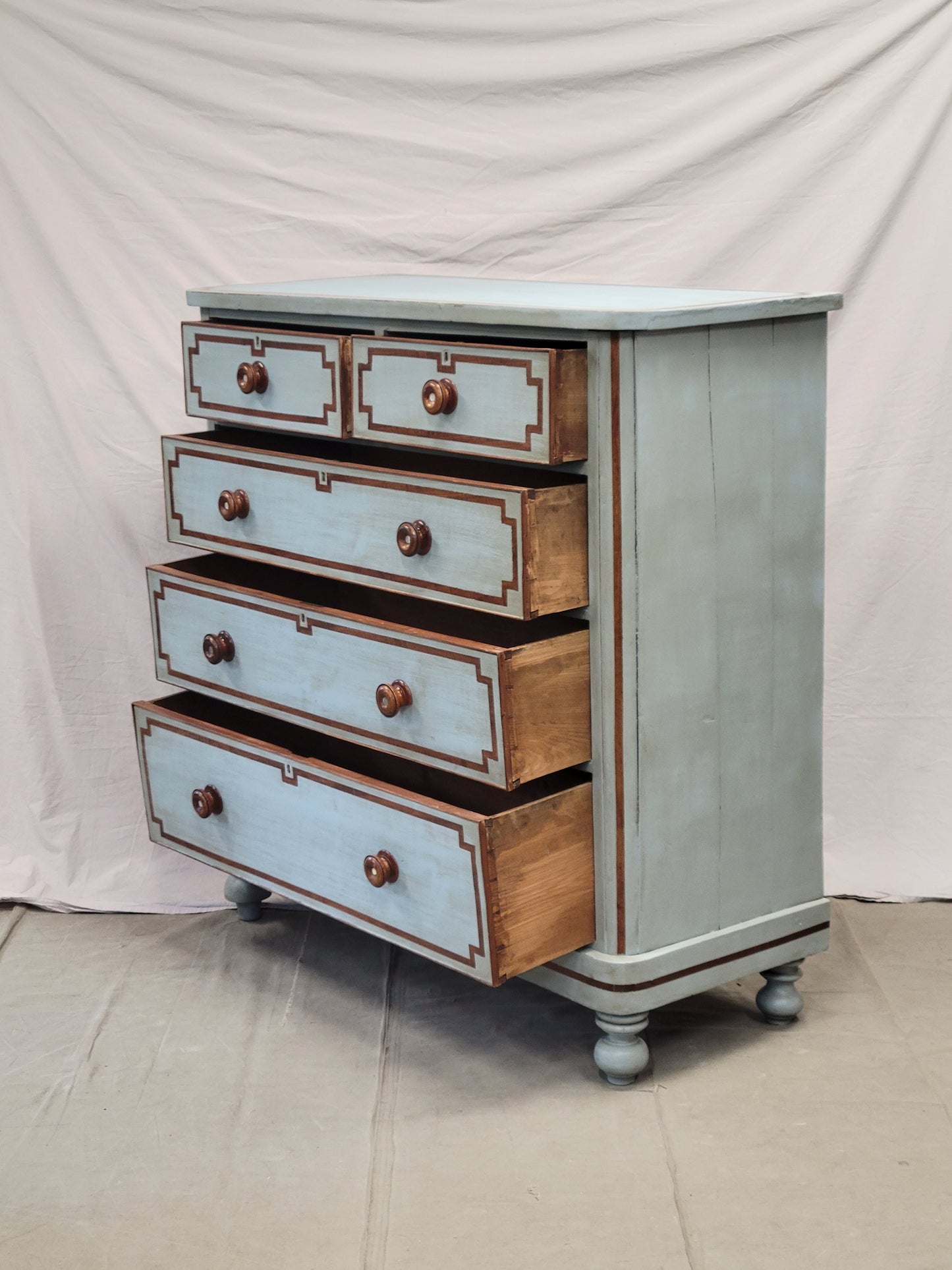 Antique English Blue Painted Dresser With Mahogany Pulls Inset With Mother-of-Pearl