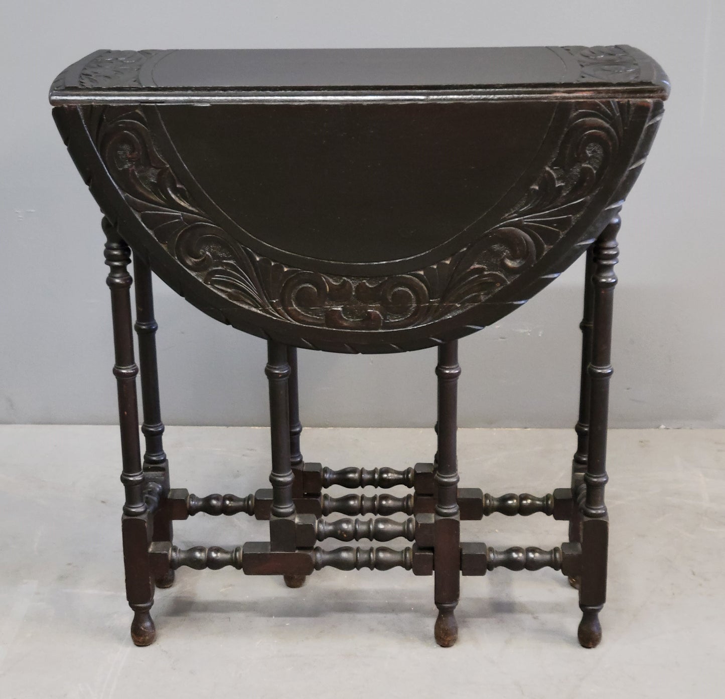 Antique Early 1900s English Ebonized Oak Handcarved Gate Leg Side Table