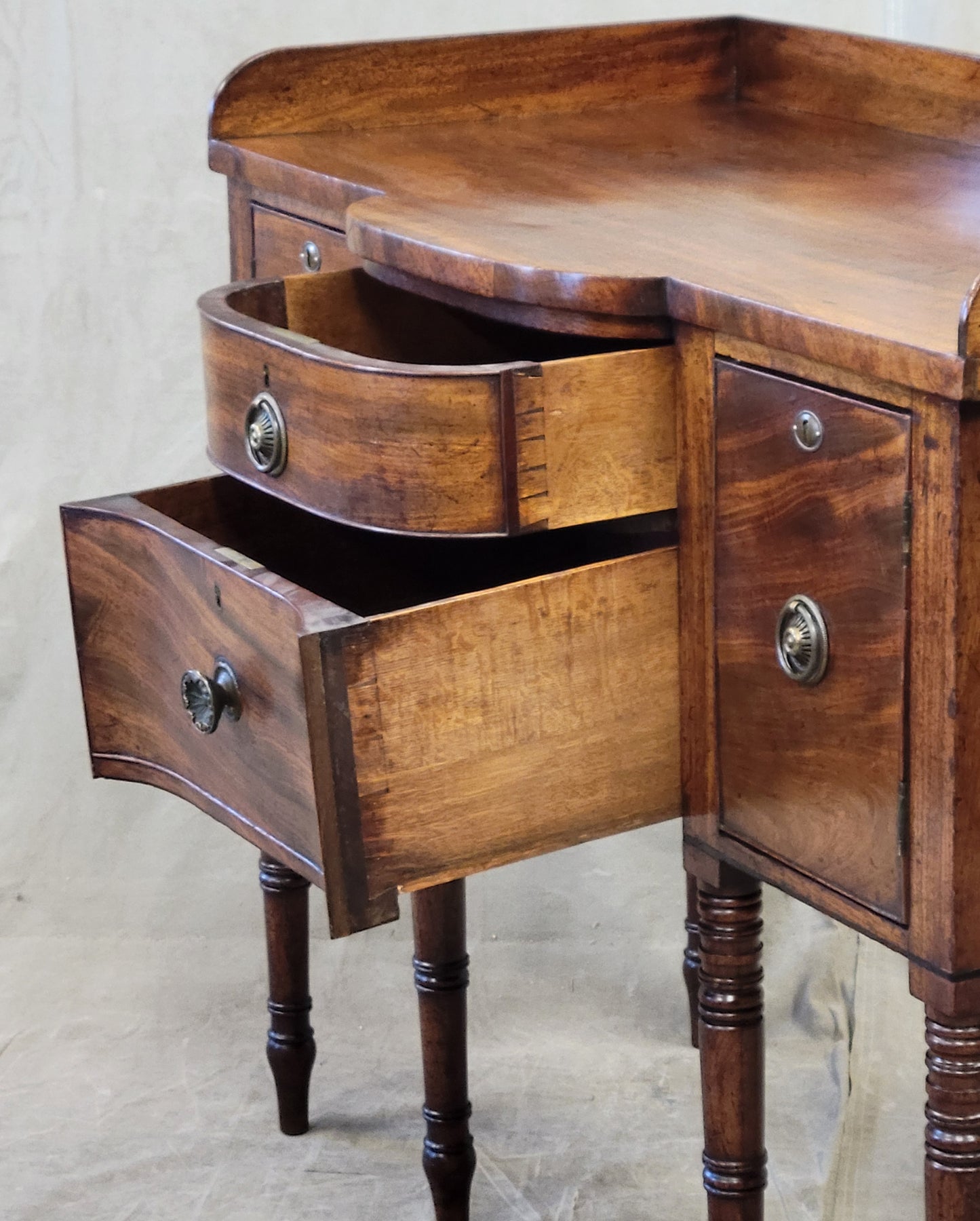 Antique English Mahogany Hepplewhite Style Bowfront Buffet With Brass Pulls