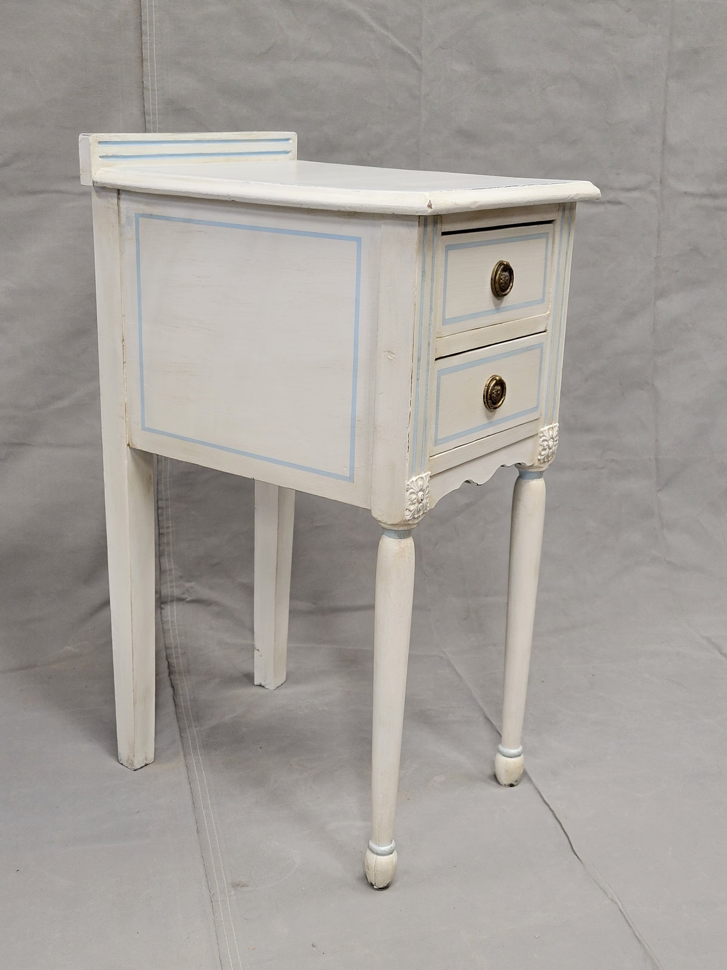 Vintage White Nightstands With Blue Striping - a Pair