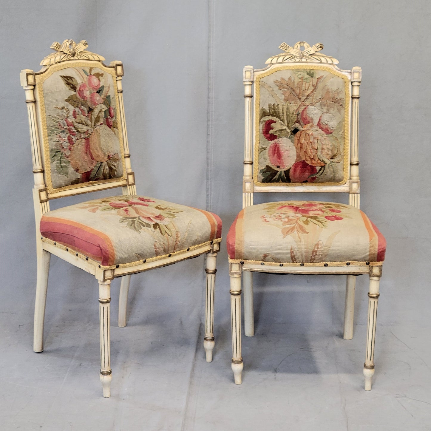 Vintage French Neoclassical Style Chairs With Antique Tapestry Upholstery - a Pair