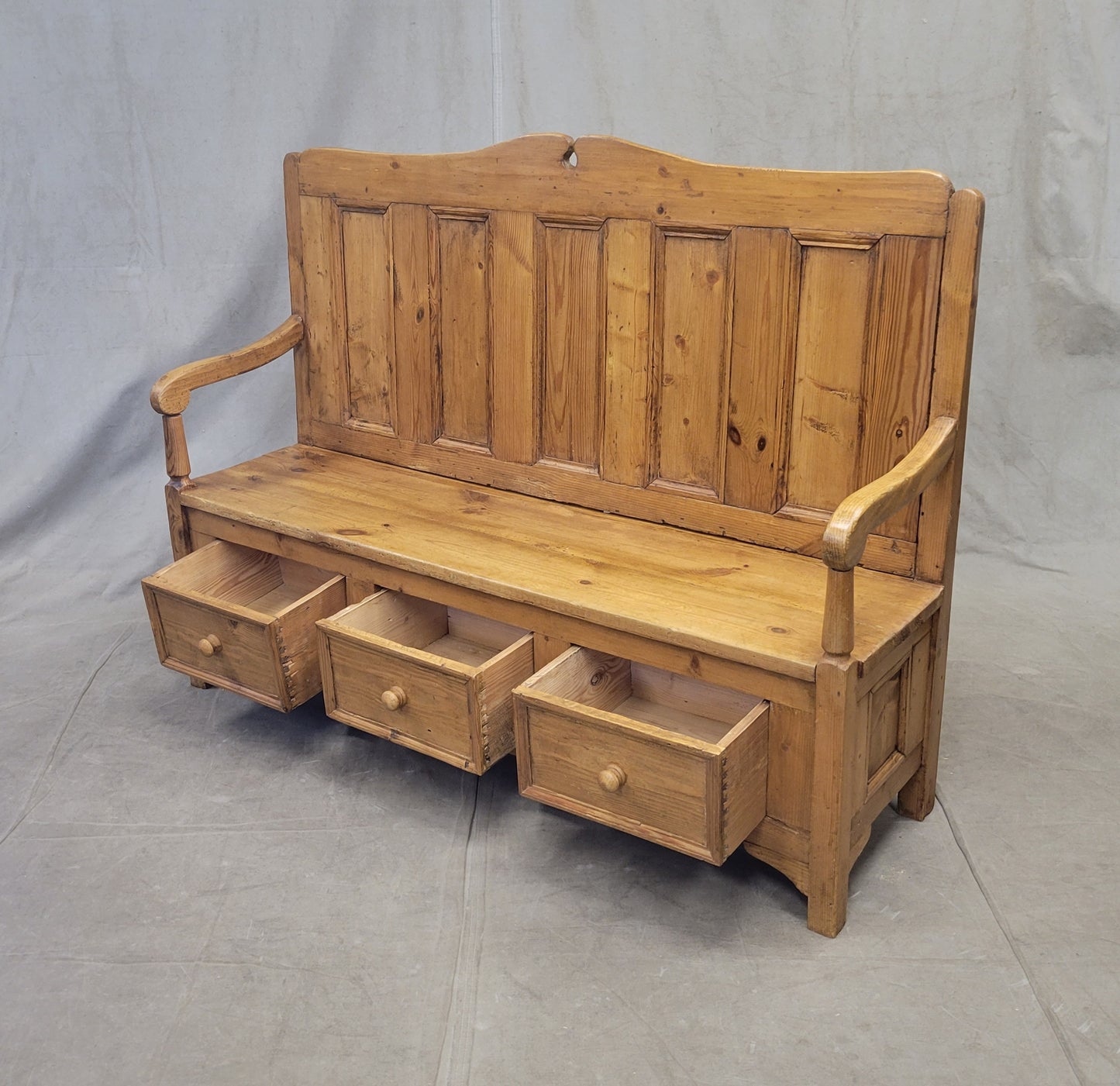 Eastern European Rustic Pine Settle Bench