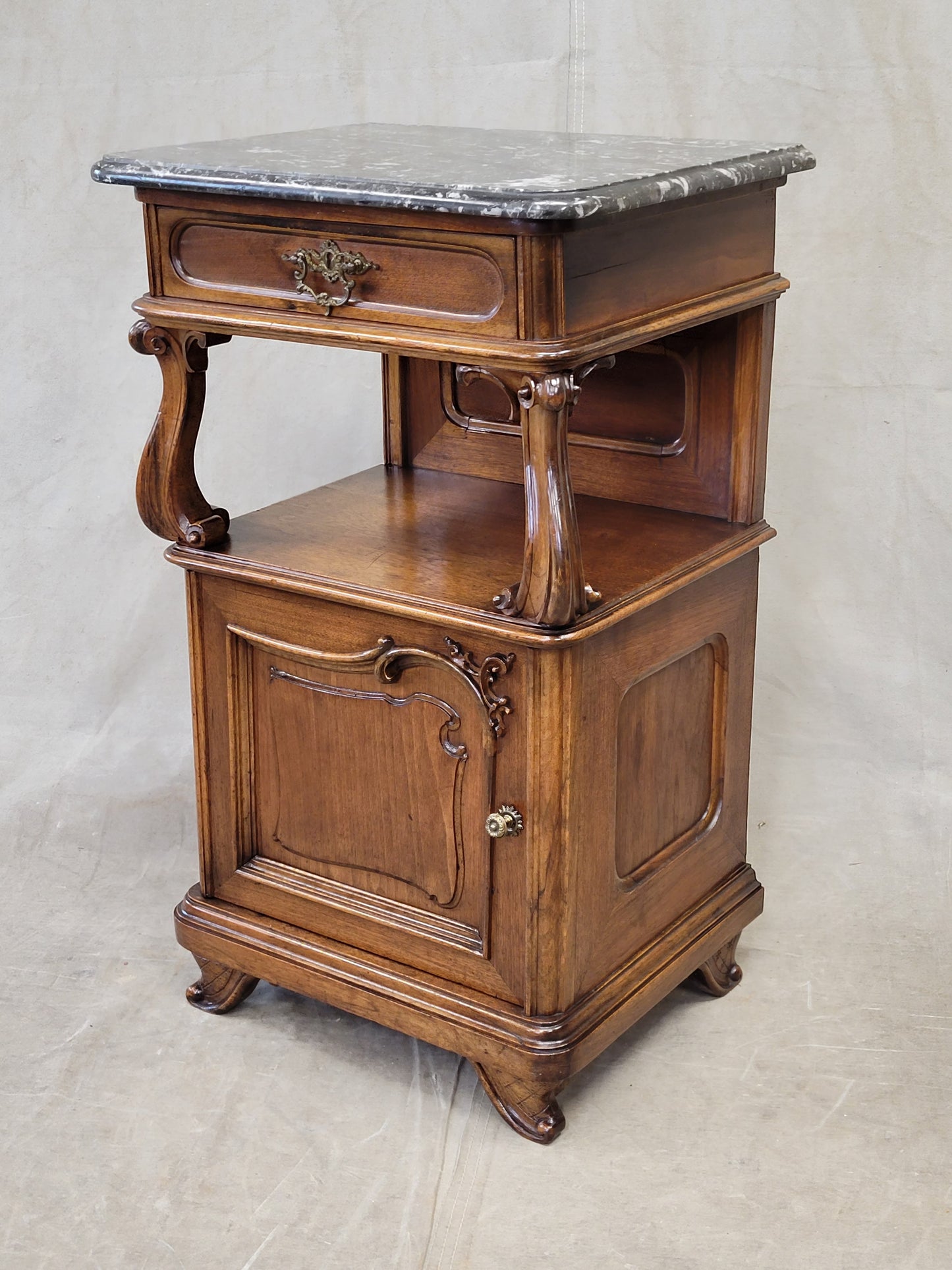 Antique Austrian Walnut and Black Marble Top Nightstands - a Pair