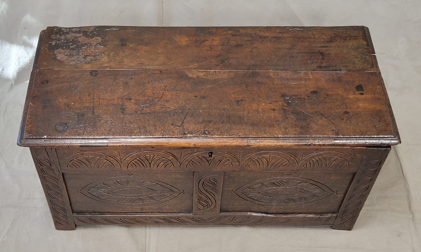 Antique 1800s English Carved Oak Coffer Storage Trunk Box