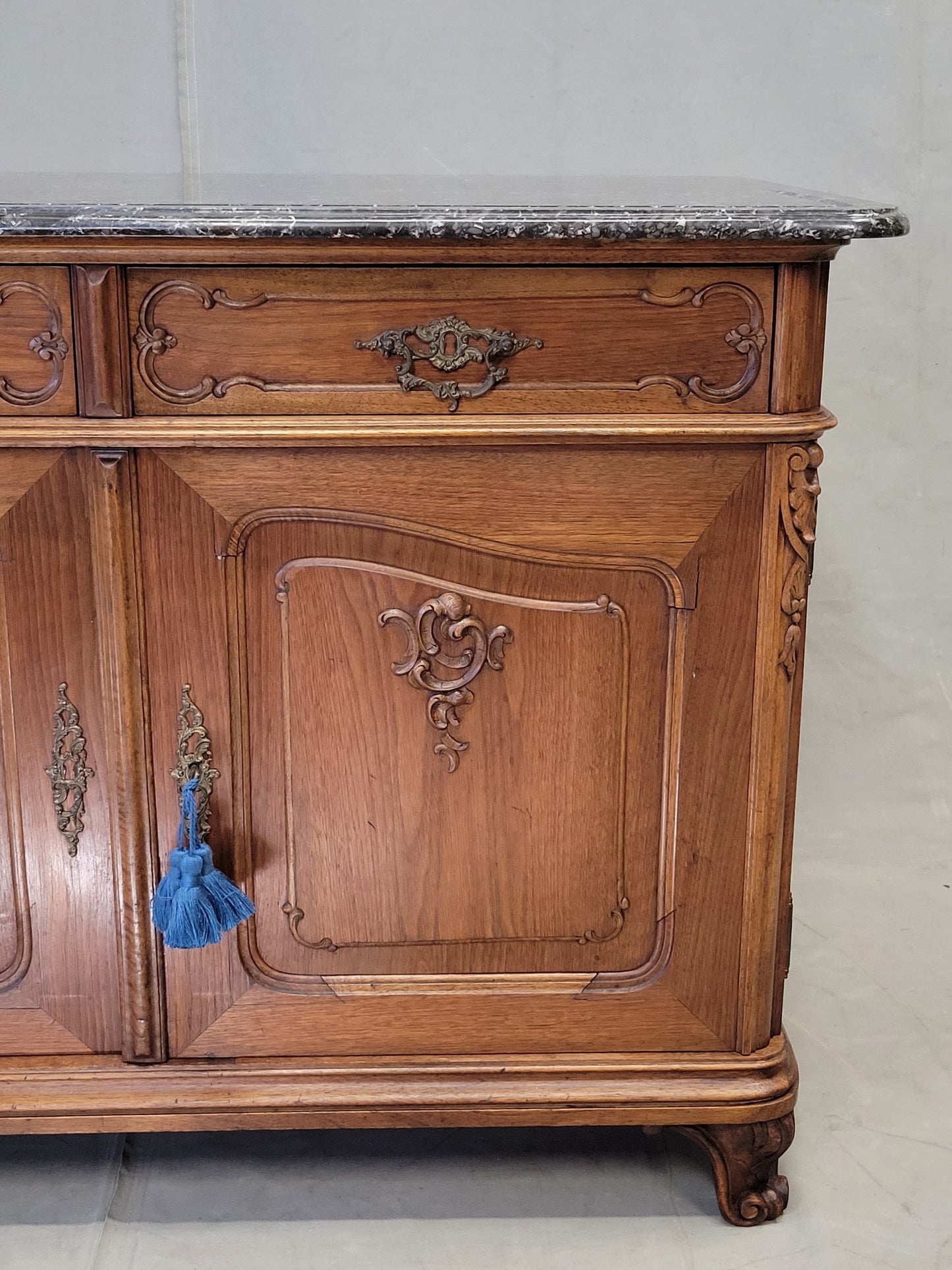 Antique Early 1900s Austrian Walnut Marble Top Sideboard Buffet