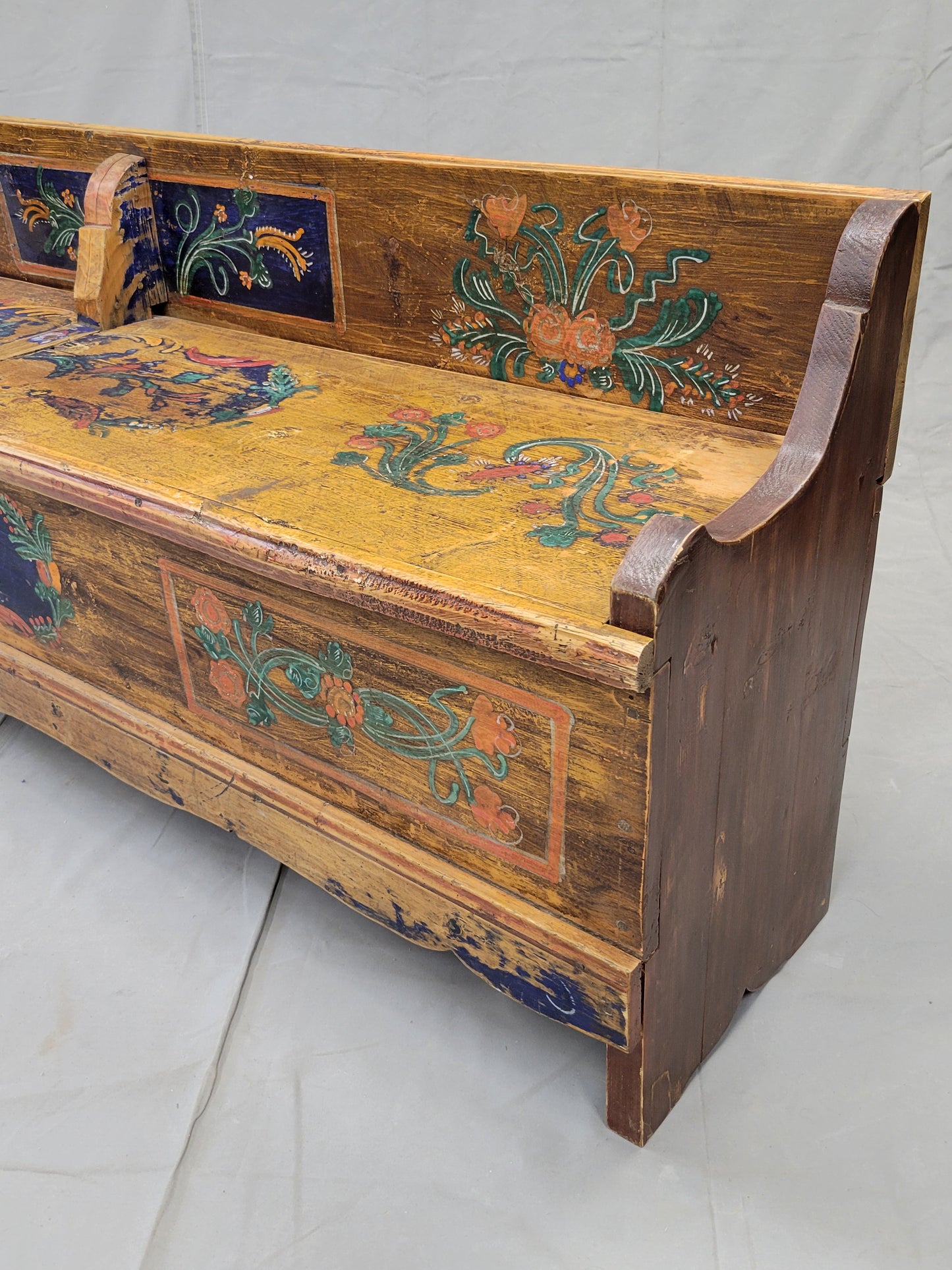 Antique Eastern European Hand Painted Pine Long Storage Bench