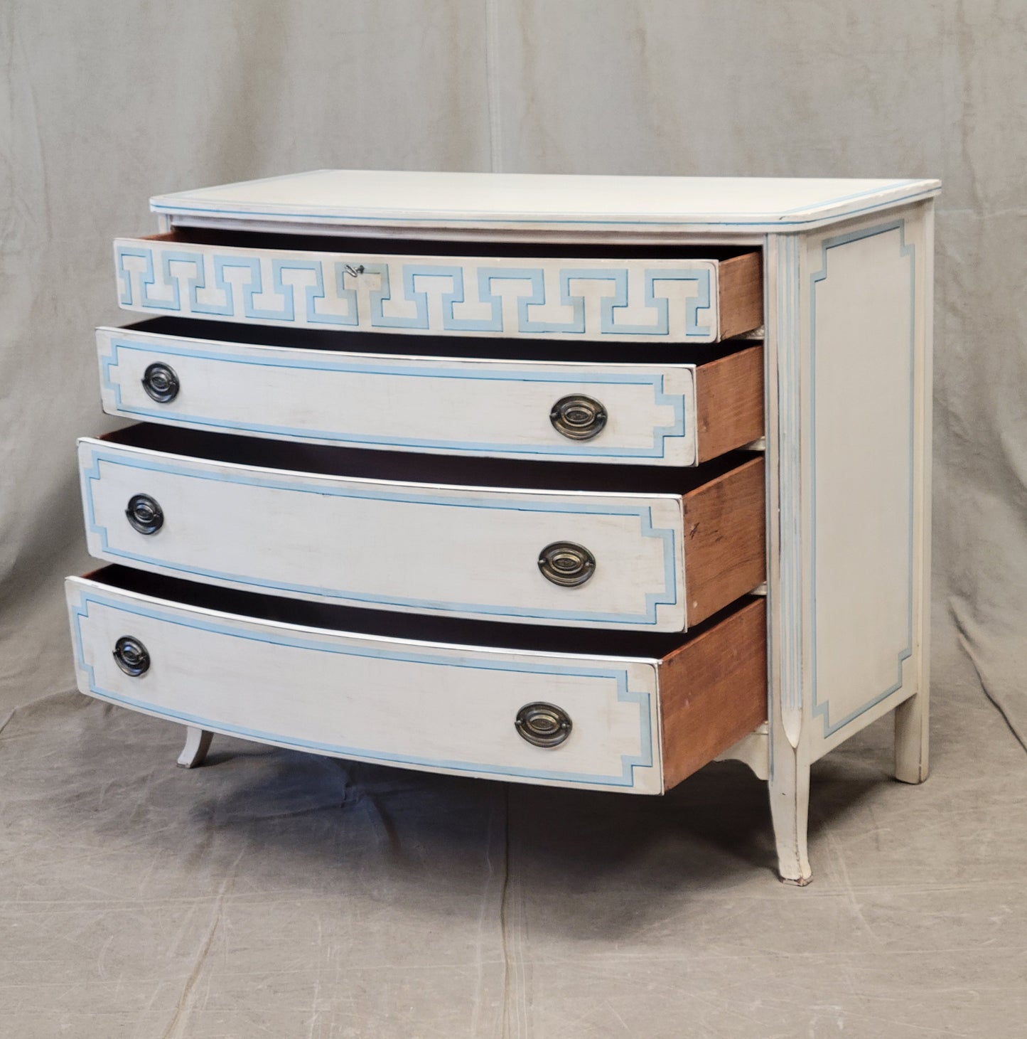 Vintage Painted Blue and White Trompe l'Oeil Bow Front Dresser With Greek Key Motif