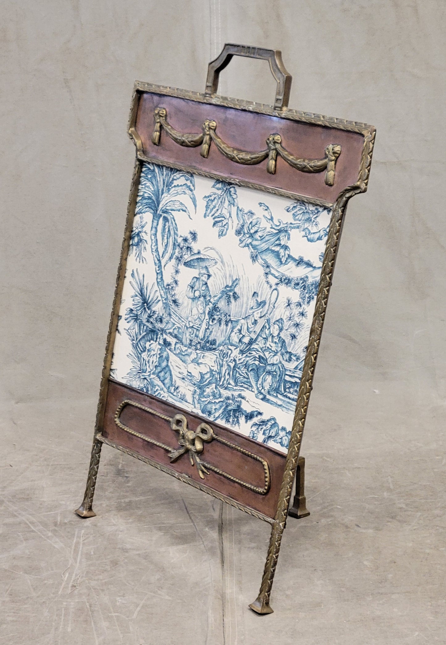 Antique 1920s Copper and Brass Firescreen With Schumacher Blue and White Asian Toile Inset