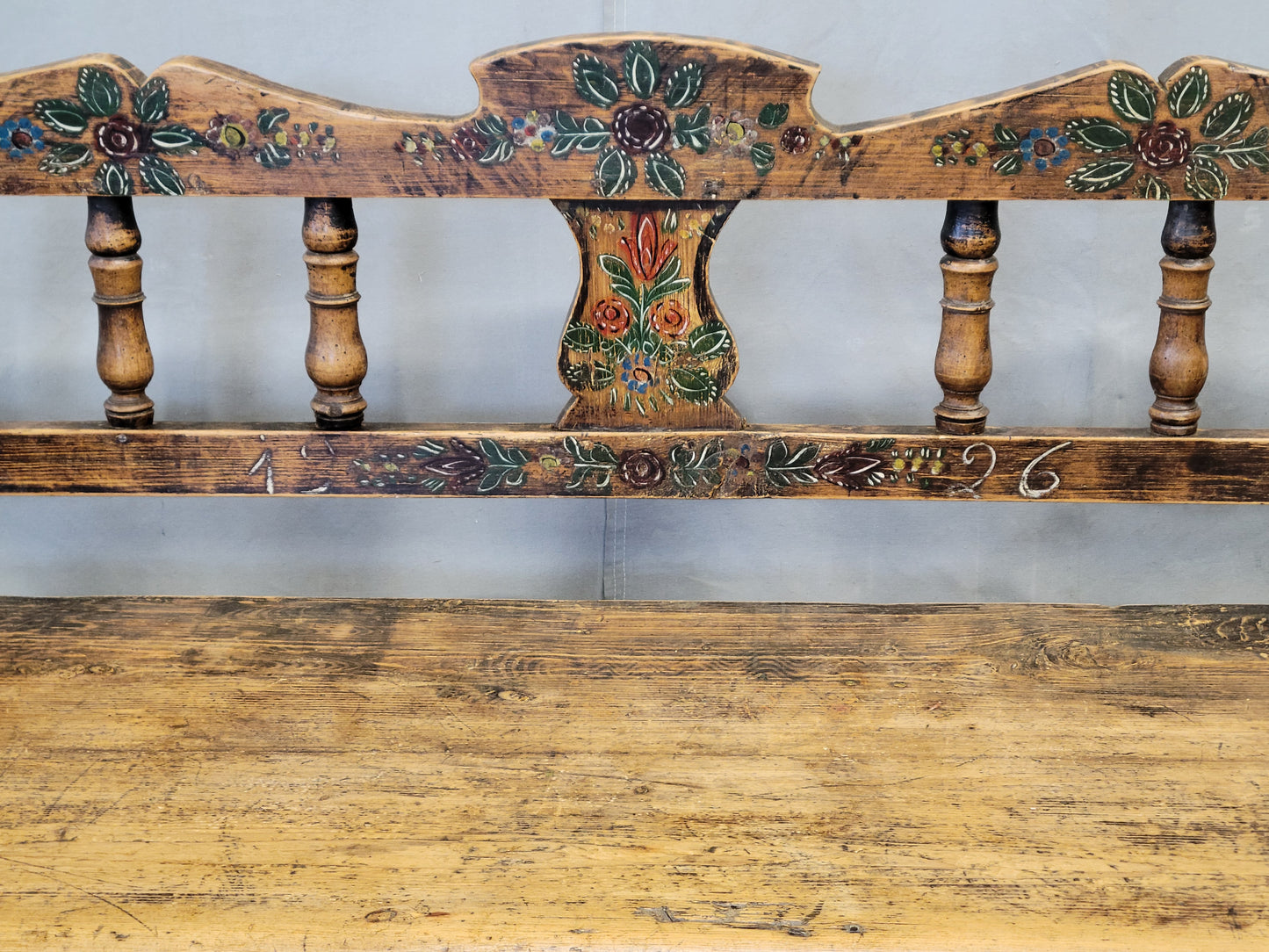 Antique 1926 Pine Eastern European Storage Bench with Original Paint