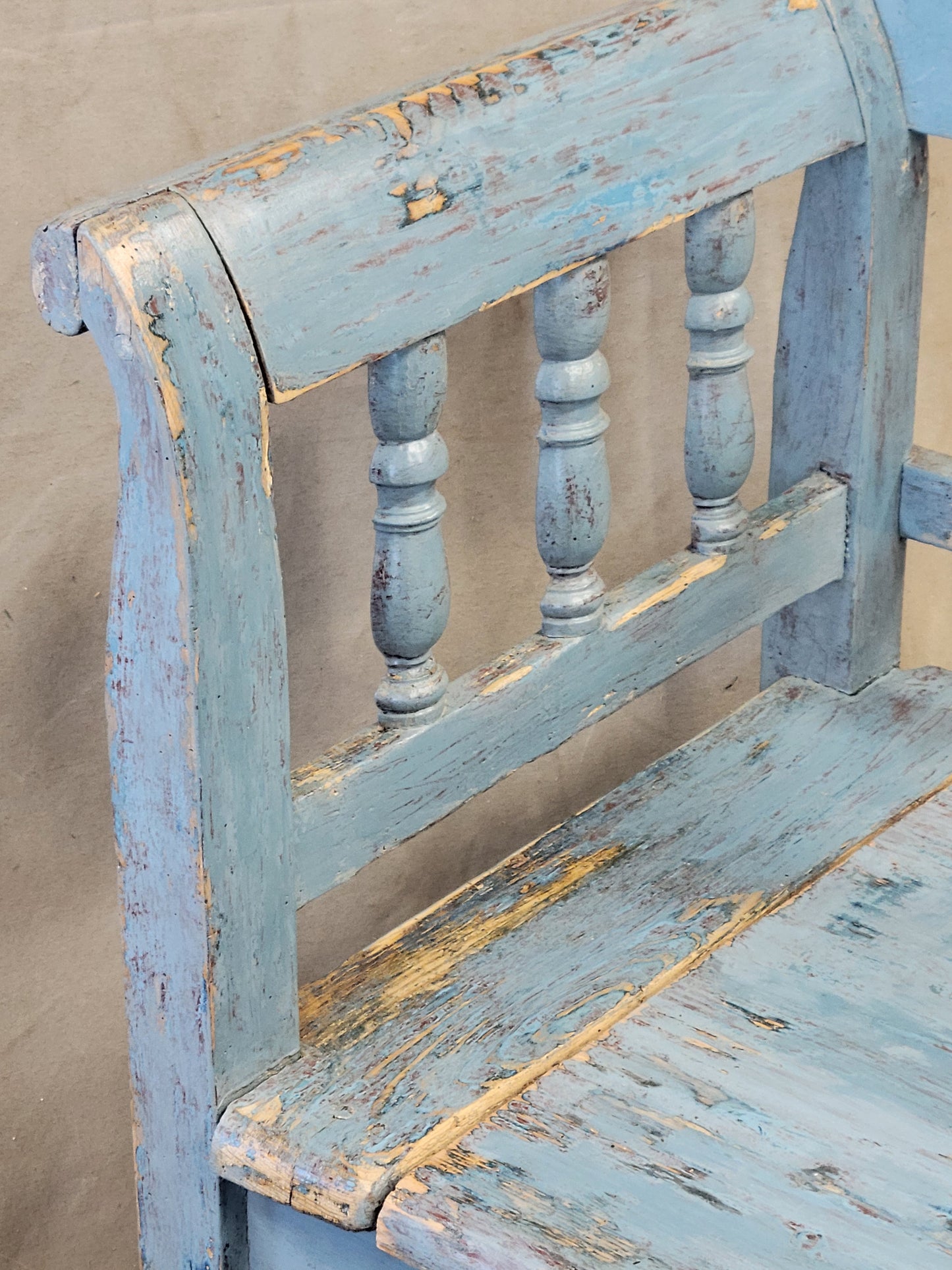 Antique Pine Hungarian Storage Bench With Old Blue Paint