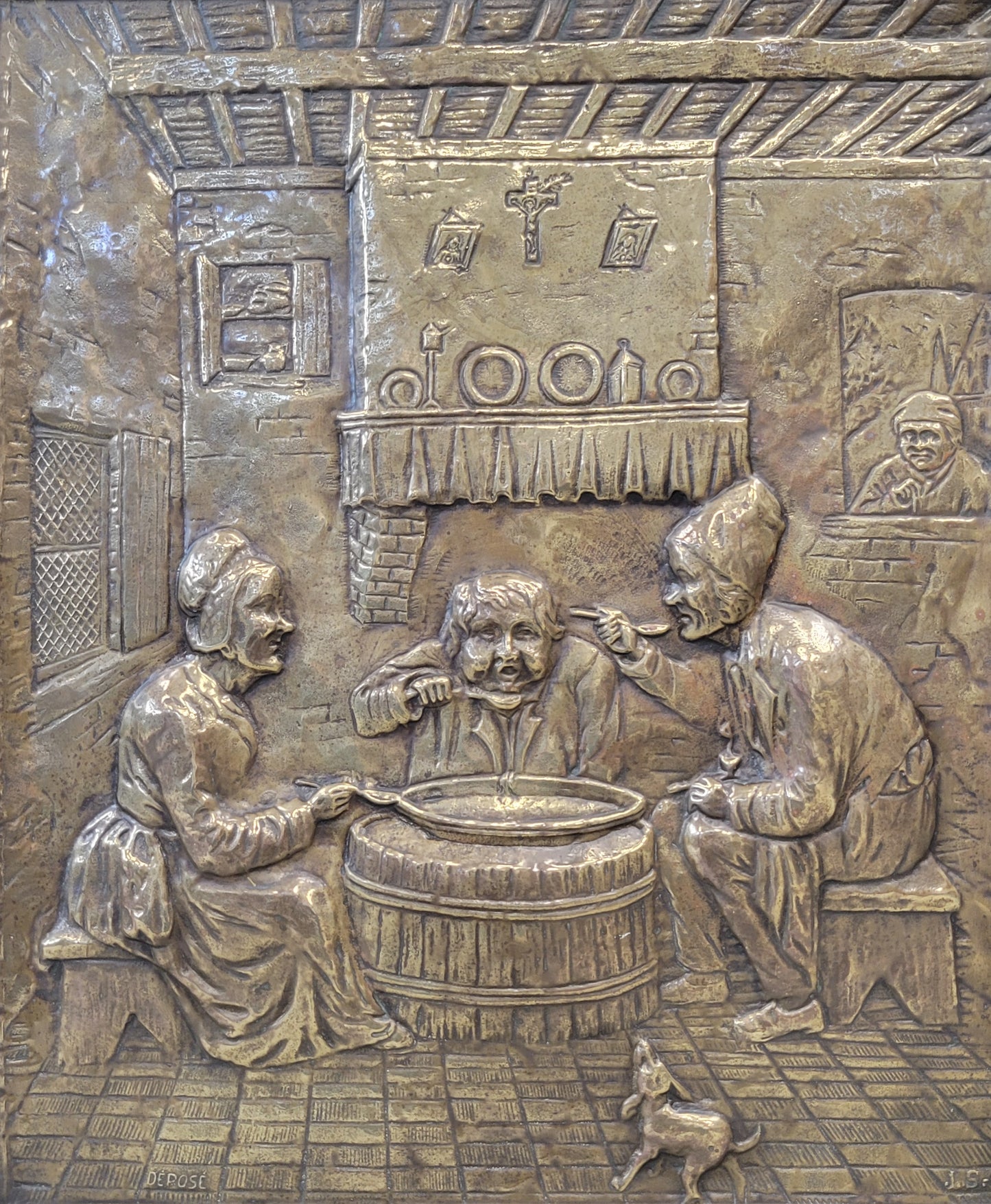 Antique French or Belgian Stamped Brass Fireplace Screen of Interior Scene