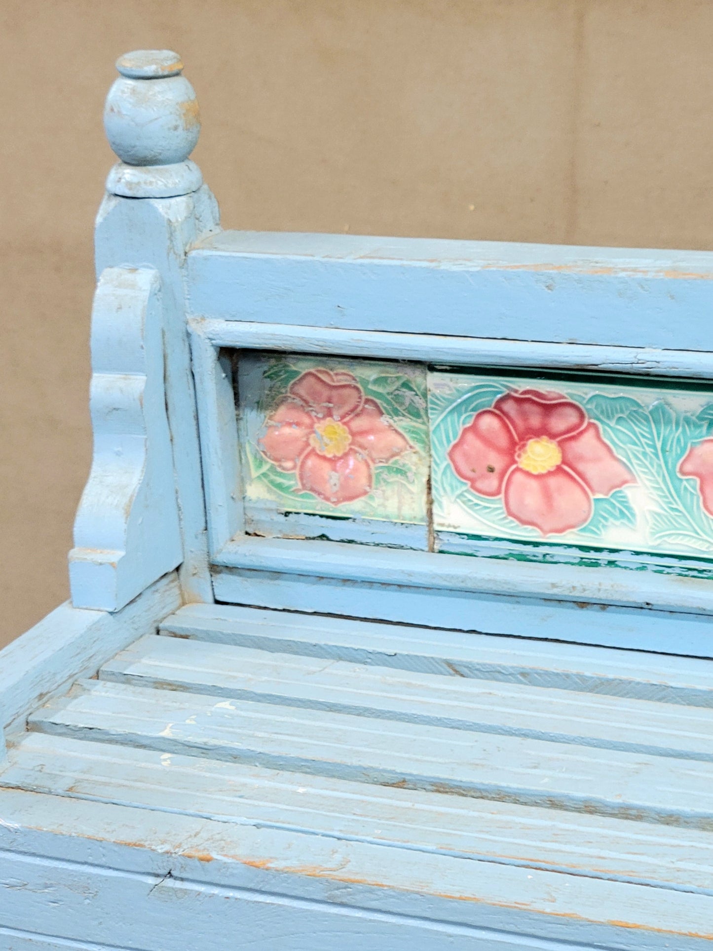 Vintage Indian Painted Bookshelf with Floral Tile