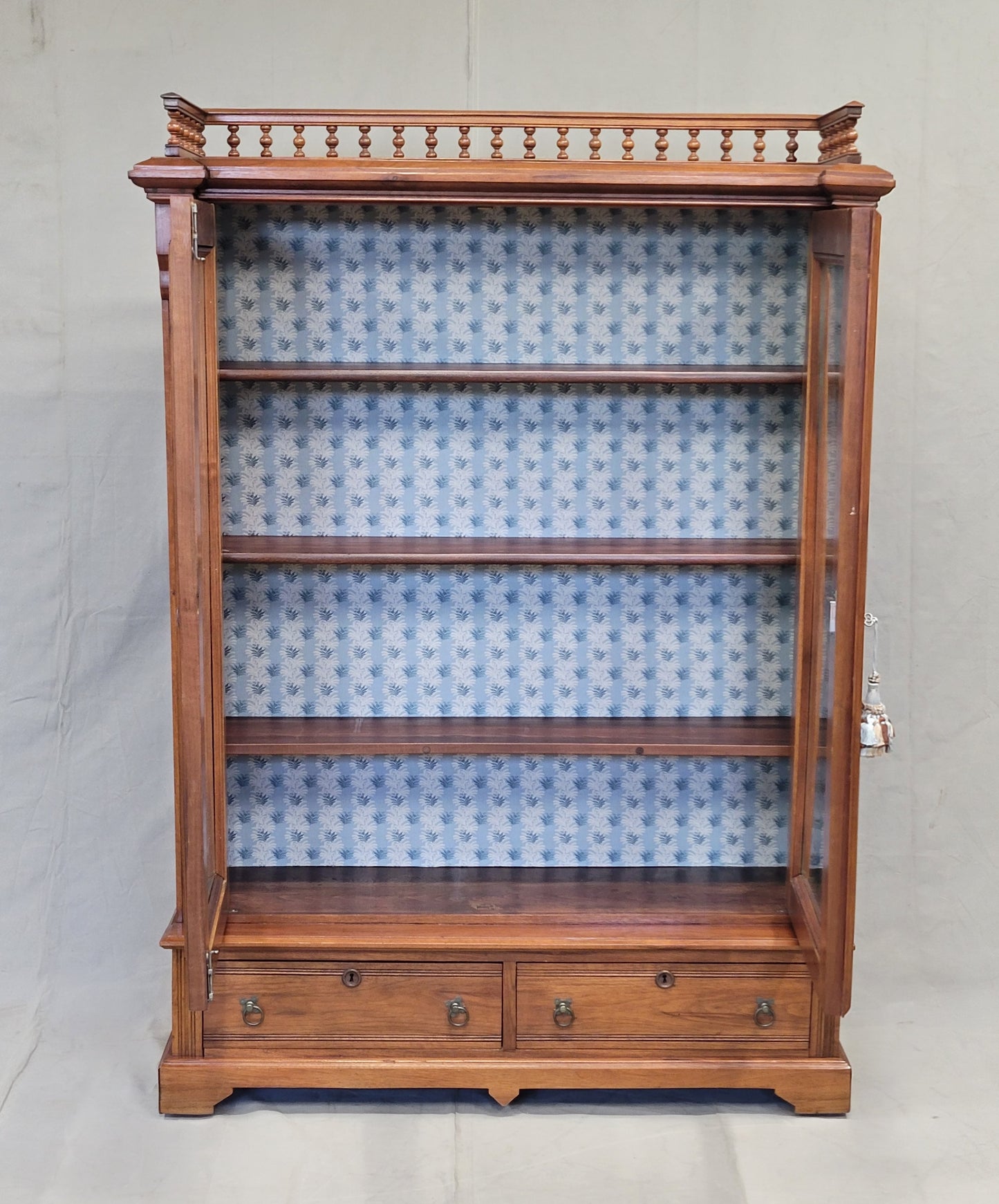 Antique Walnut Glass Door Bookcase With Blue Interior