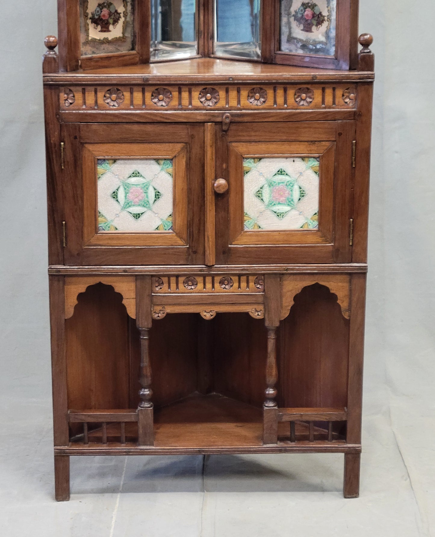 Antique British Colonial Corner Shelf Cabinet With Tiles