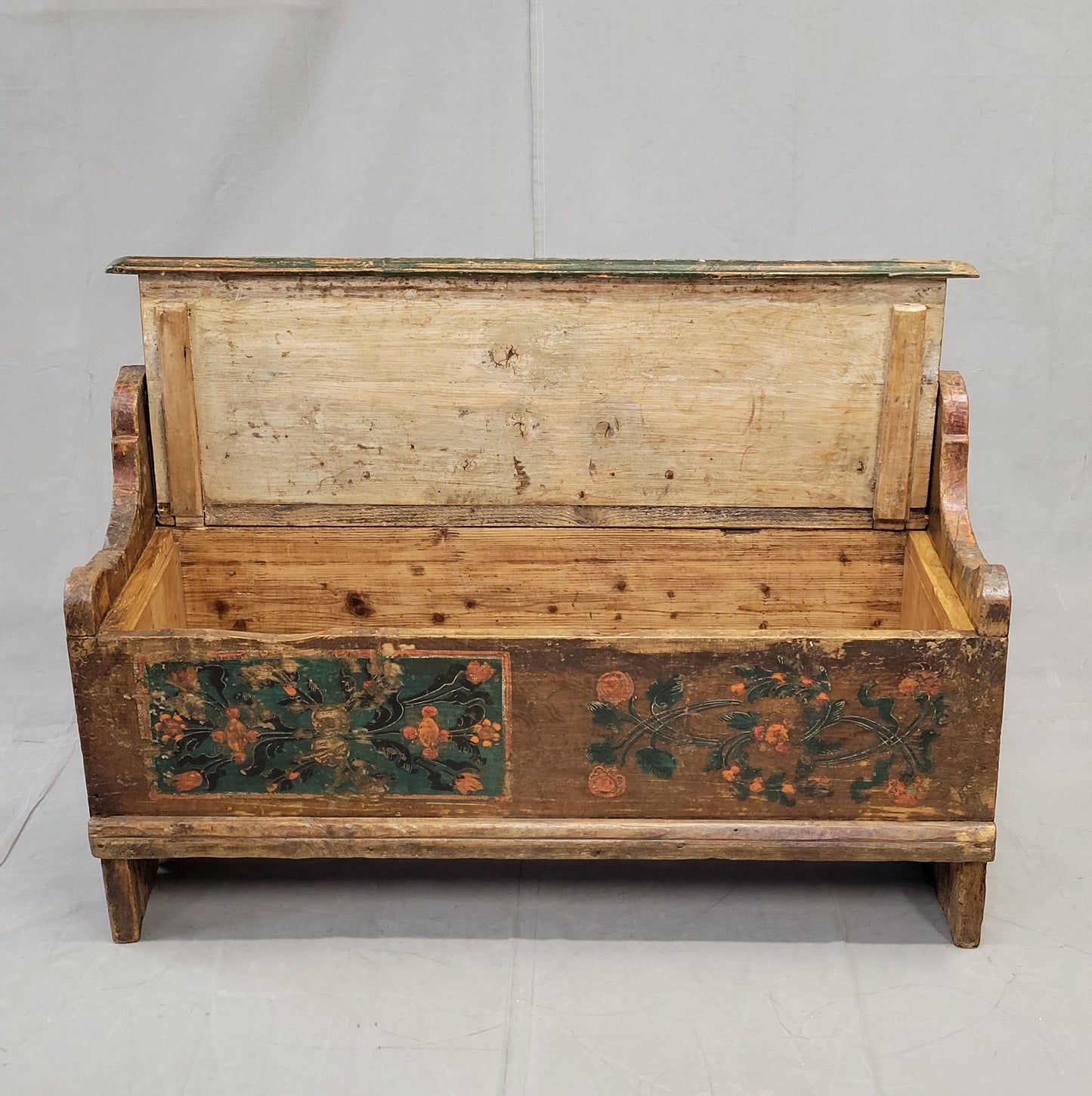 Antique Late 1800s Romanian Painted Pine Storage Bench