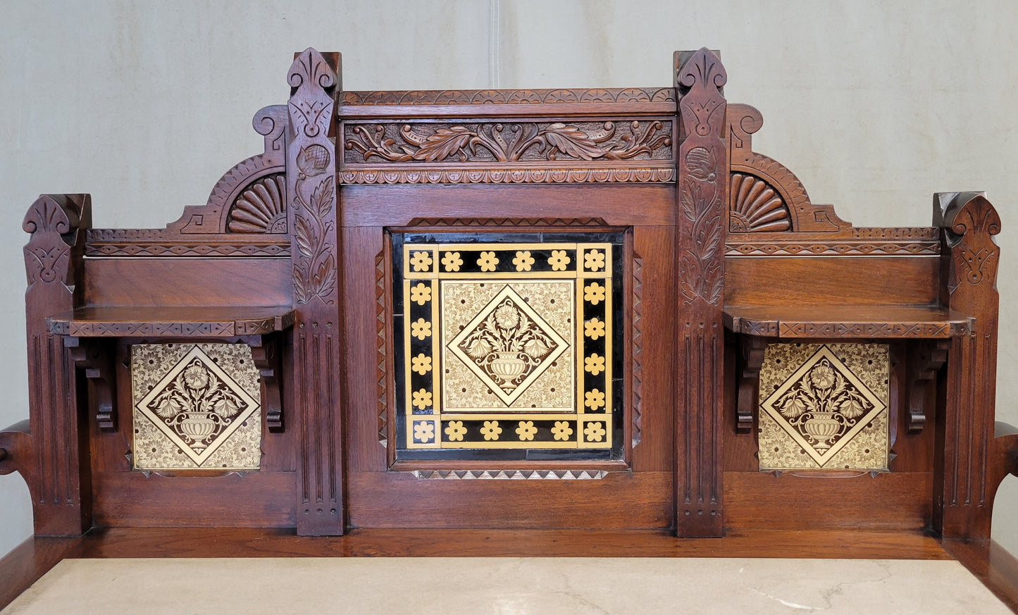 Antique English Aesthetic Movement Walnut, Marble and Minton Tile Sideboard