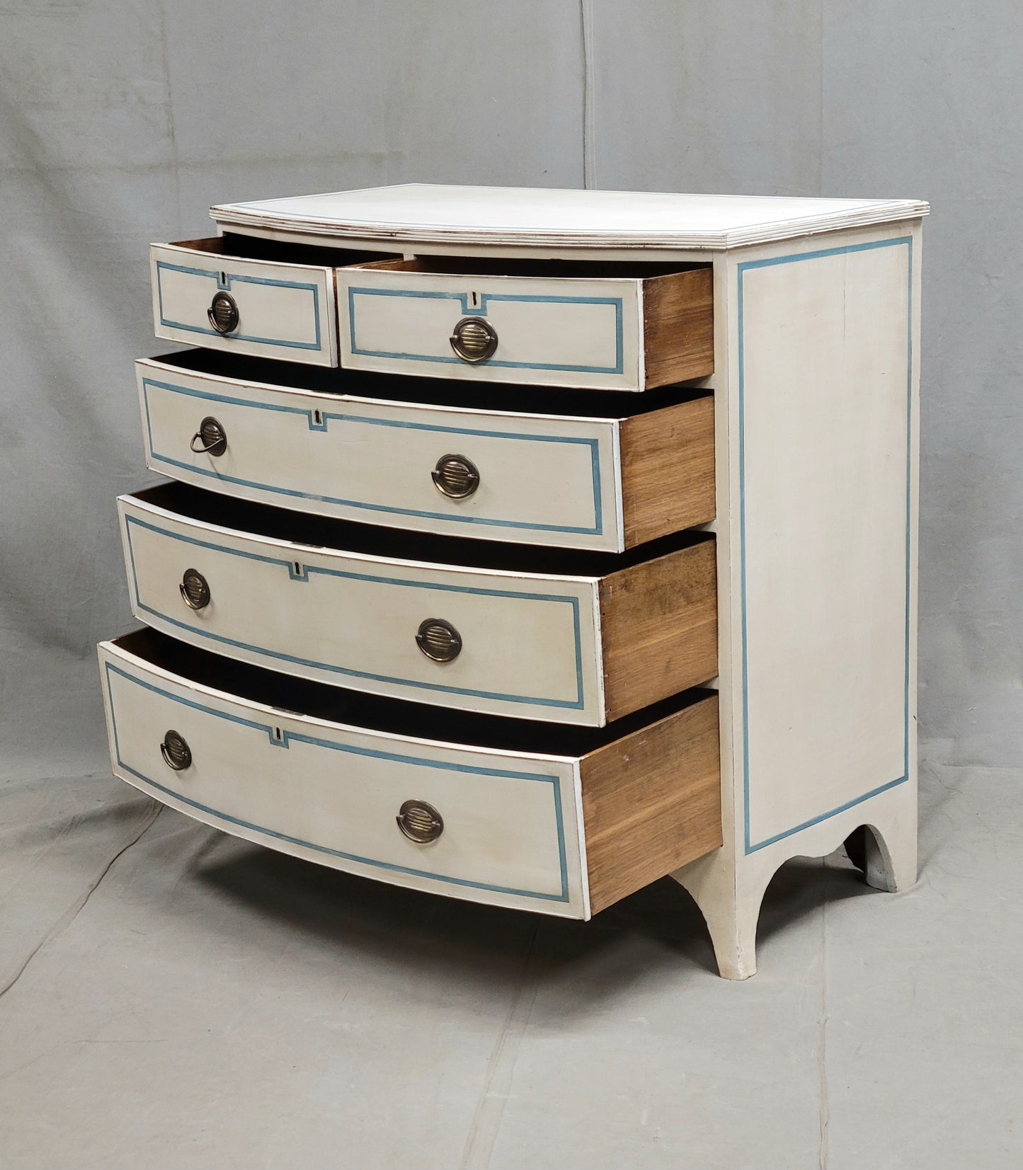 Antique English Painted Mahogany Dresser With Blue French Line Motif