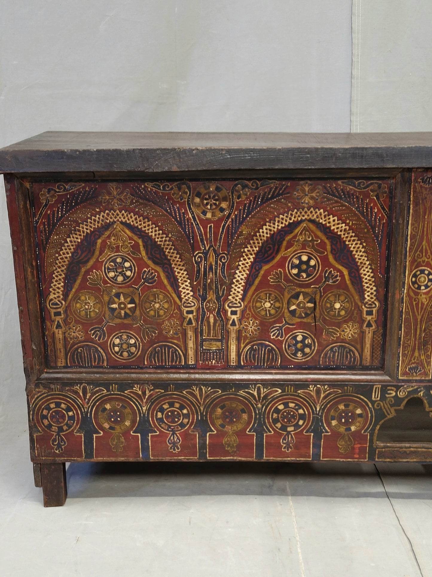Vintage Berber Moroccan Trunk With Handpainted Arched Designwork, Signed