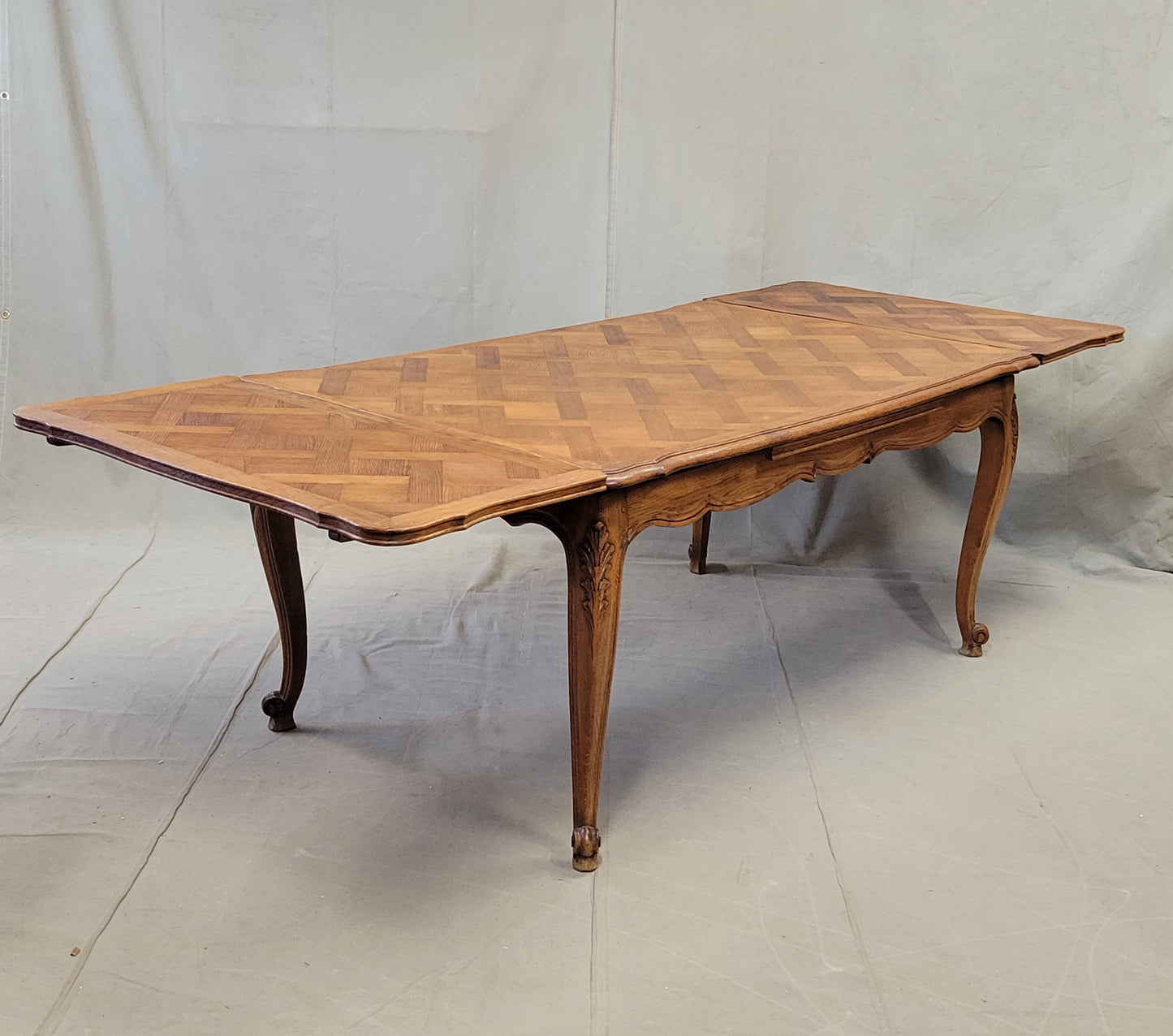 Vintage French Oak Parquet Top Draw Leaf Table