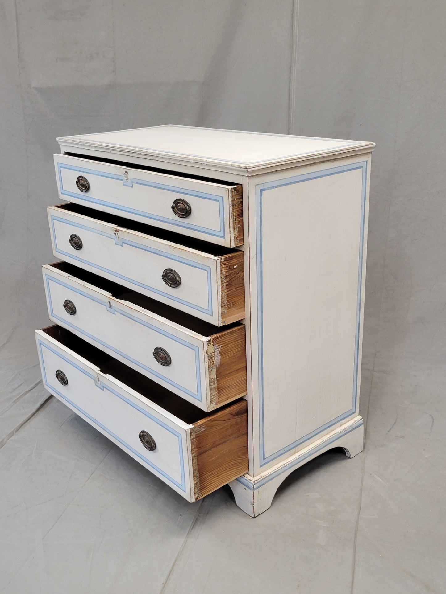 Antique English Walnut Dresser Painted White With Blue French Line Motif