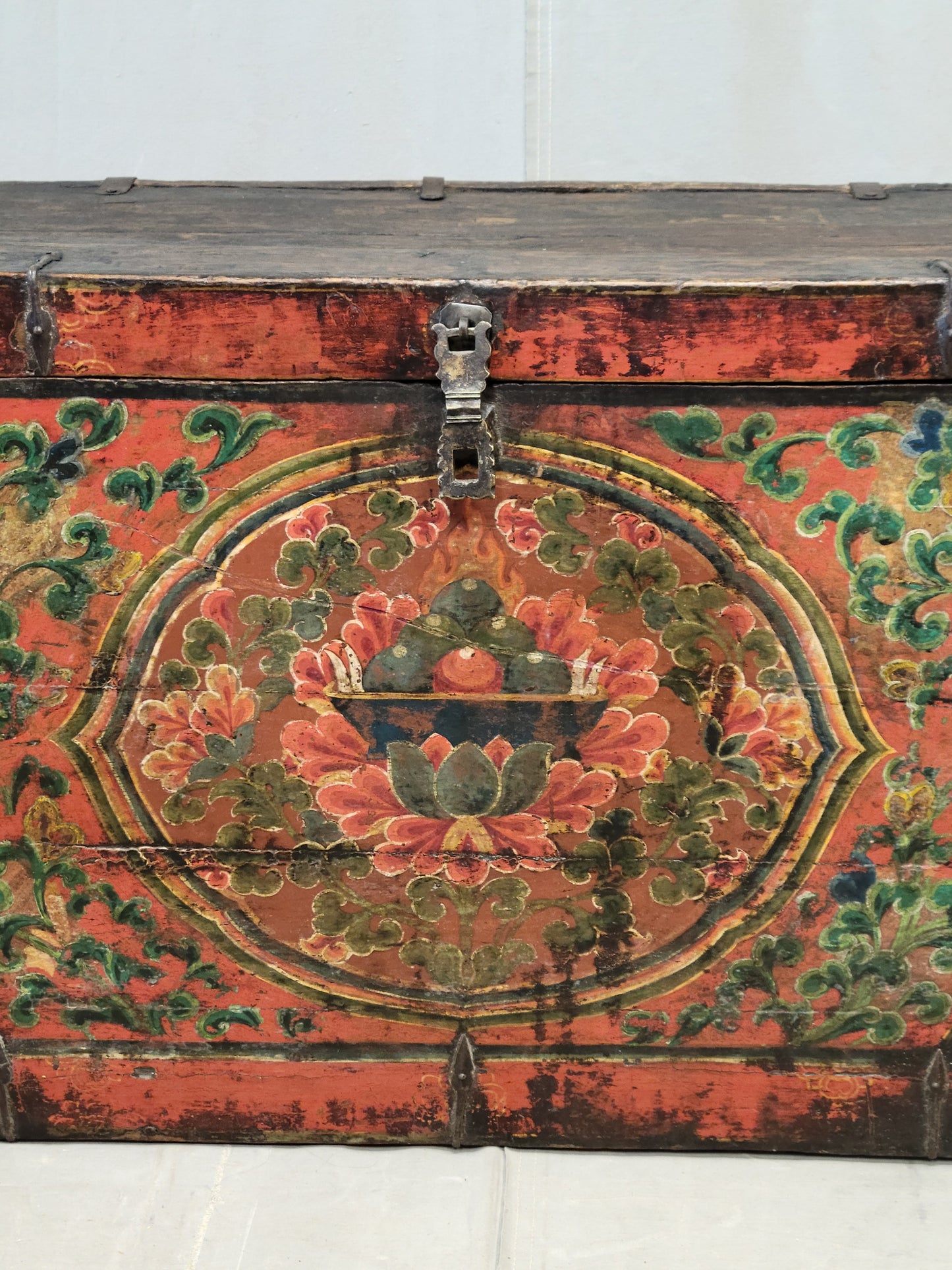 Antique Early 1900s Tibetan Trunk With Original Paint in Flaming Jewel Motif