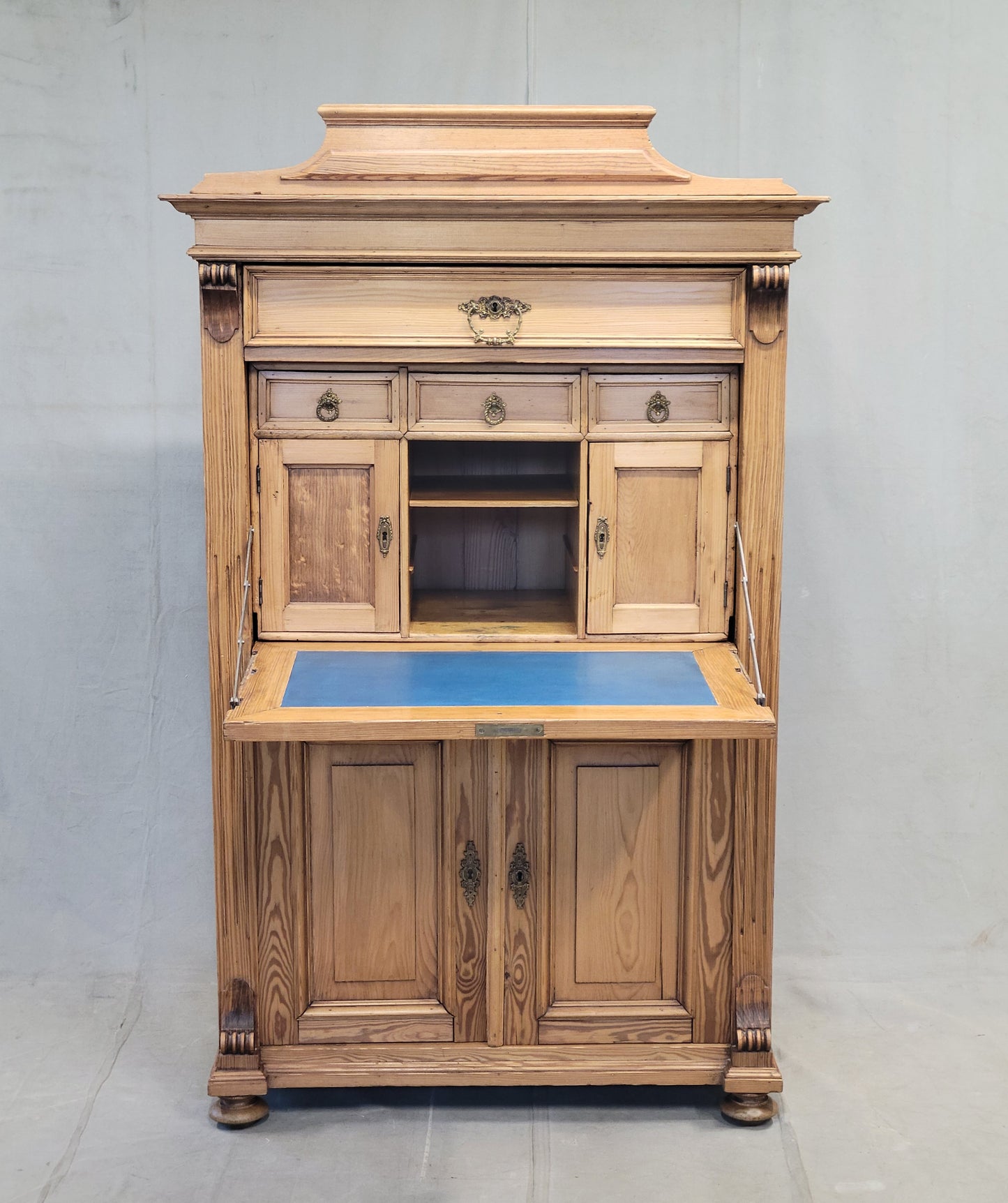 Antique Danish Biedermeier Pine Secretary Desk With Blue Leather