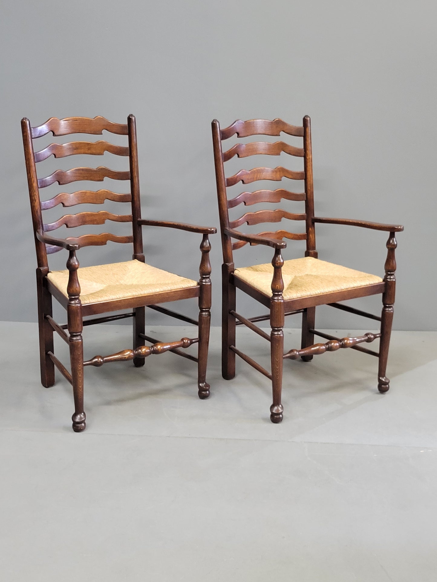 Vintage English Oak Ladderback Chairs With Rush Seats - Set of 8