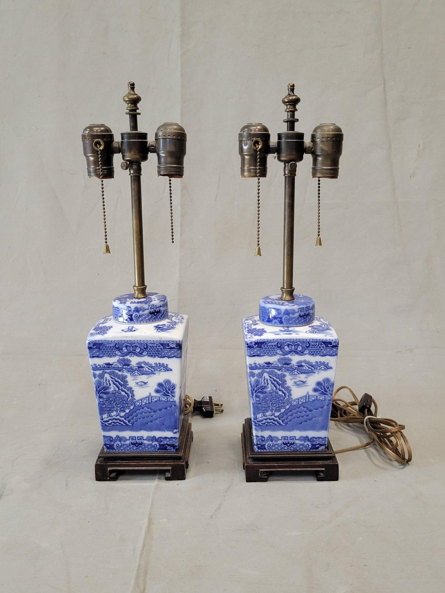 Vintage Blue Willow Lamps With Silk Lampshades - a Pair