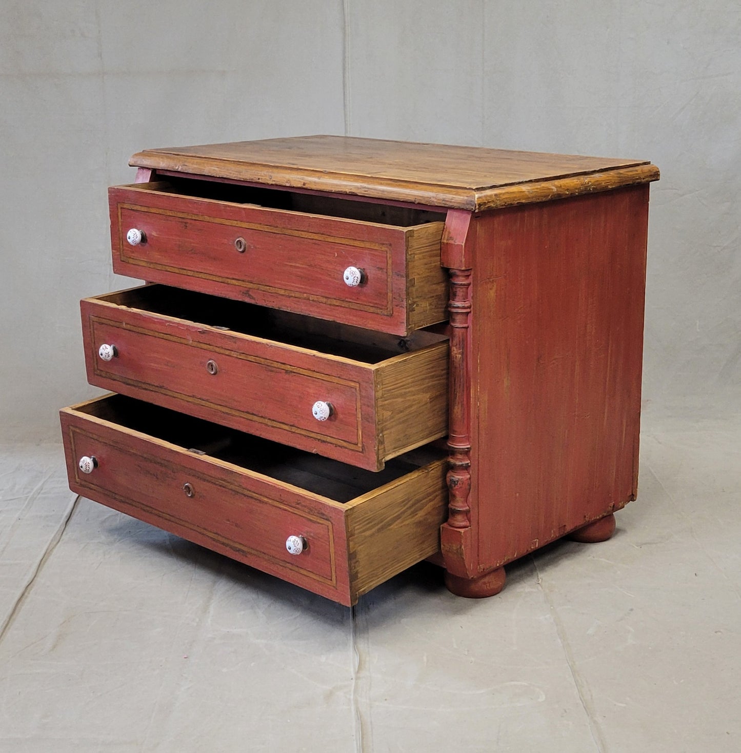 Antique European Pine Dresser With Red Distressed Paint and French Line Motif