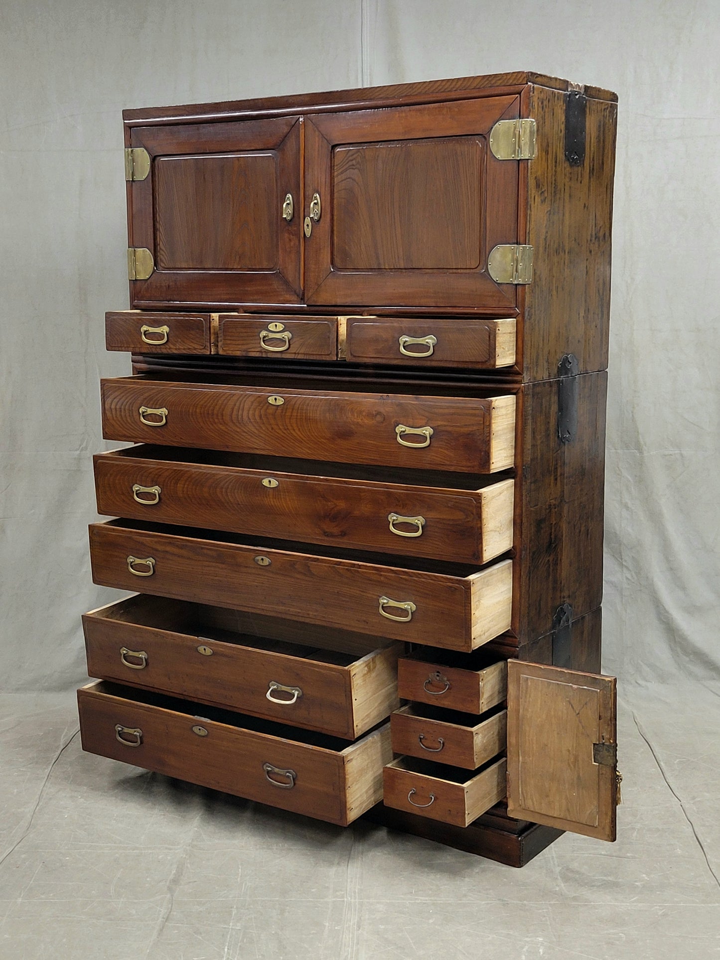 Vintage Large Japanese 14 Drawer Tansu Chest With European Influence