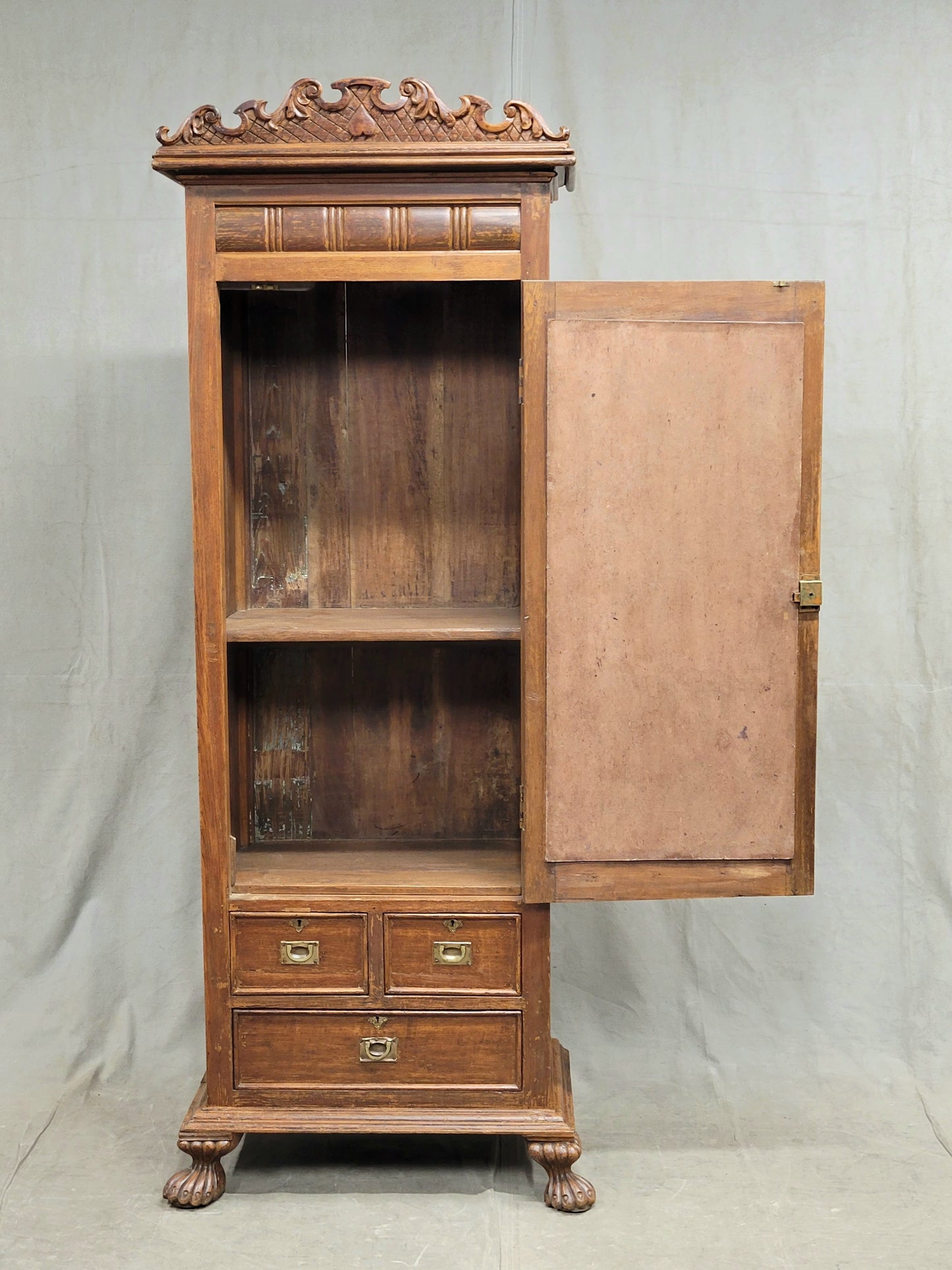 Antique Anglo Indian Teak Petite Armoire Cupboard With Mirror