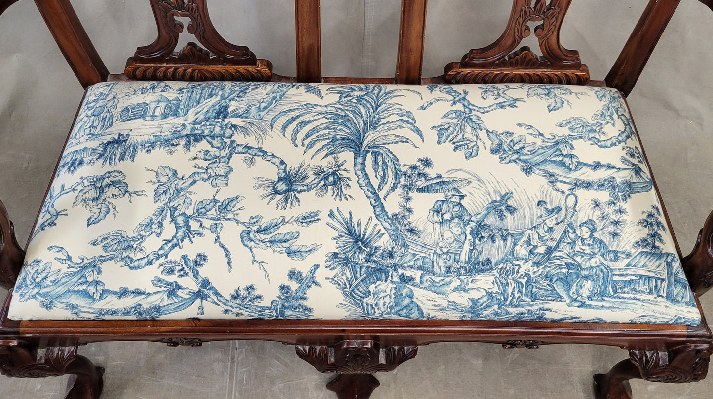 Vintage Mahogany Chippendale Bench With Schumacher Chinoiserie Upholstery