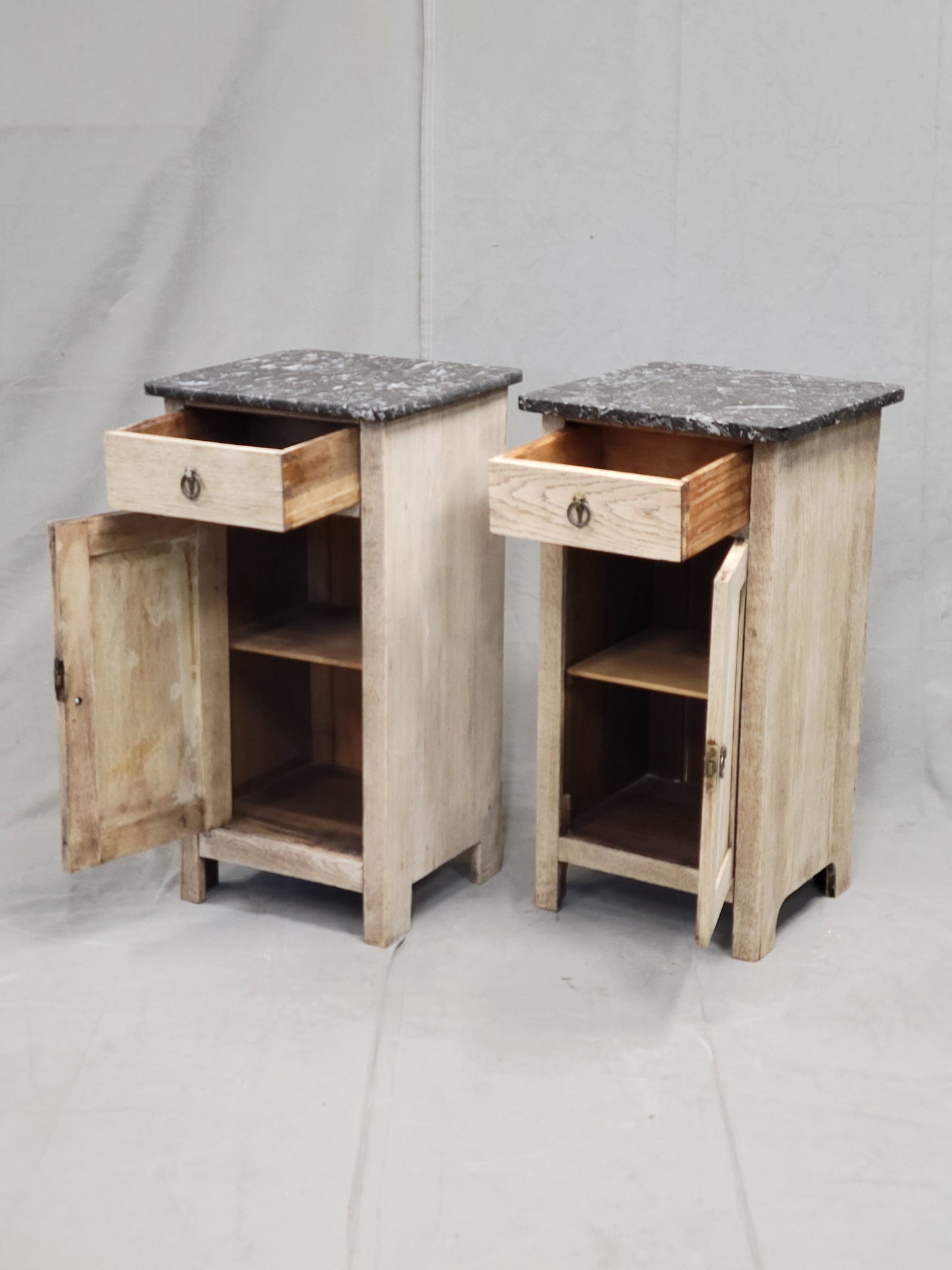 Antique English Bleached Oak Nightstands With Black Marble Tops - a Near Pair