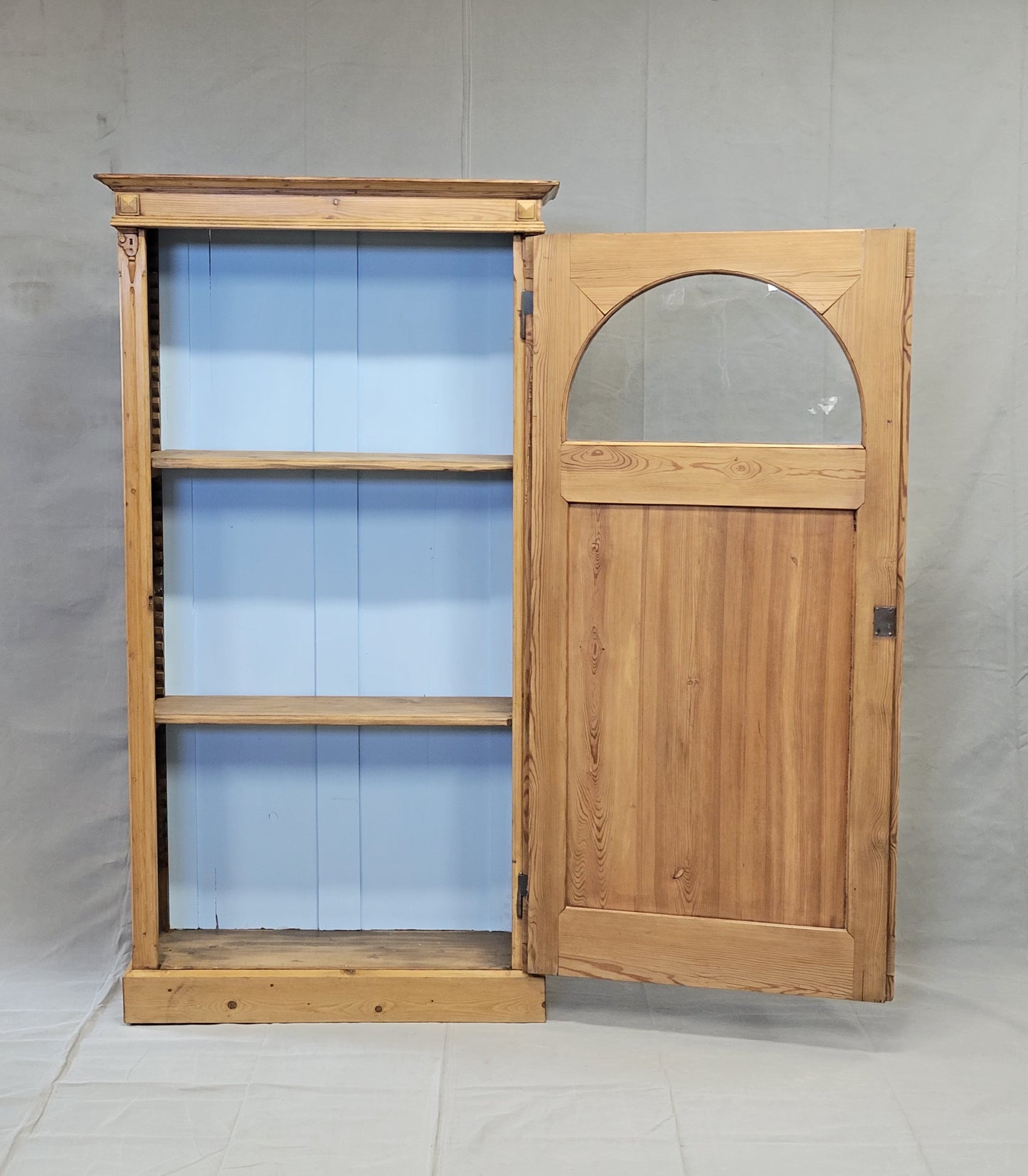 Antique Dutch Pine Single Door Bookcase Cabinet With Glass Inset