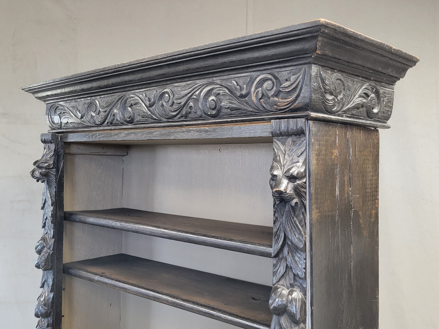 Vintage European Ebonized and Carved Oak Adjustable Shelf Bookcase