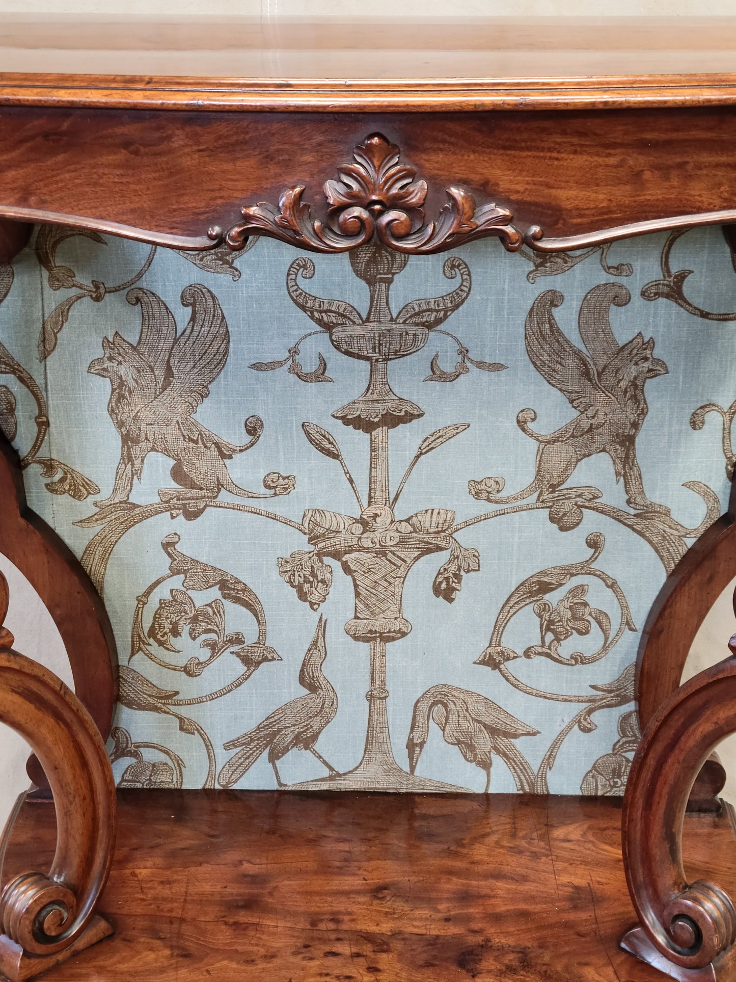 Antique Louis Phillipe Console Table or Server With Thibaut Renaissance Fabric Panel