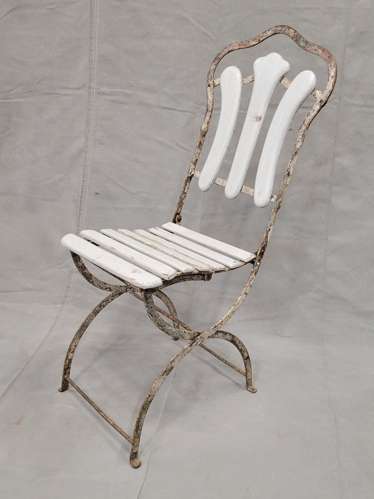 Antique French Iron and Wood Folding Bistro Garden Chairs - Set of 3