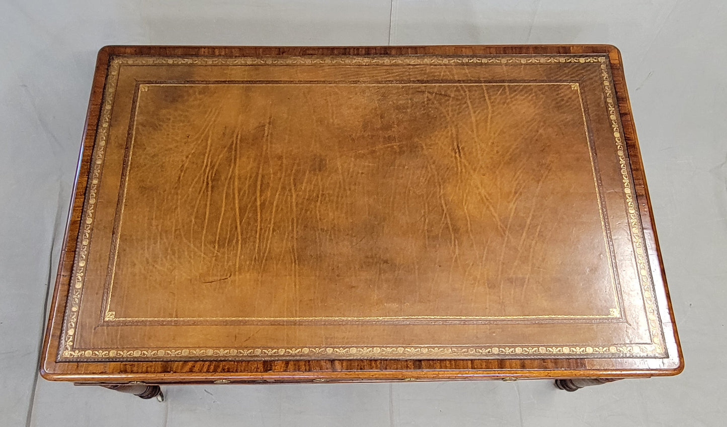 Antique Mid 1800s English Mahogany Partner Desk With Tooled Leather Top